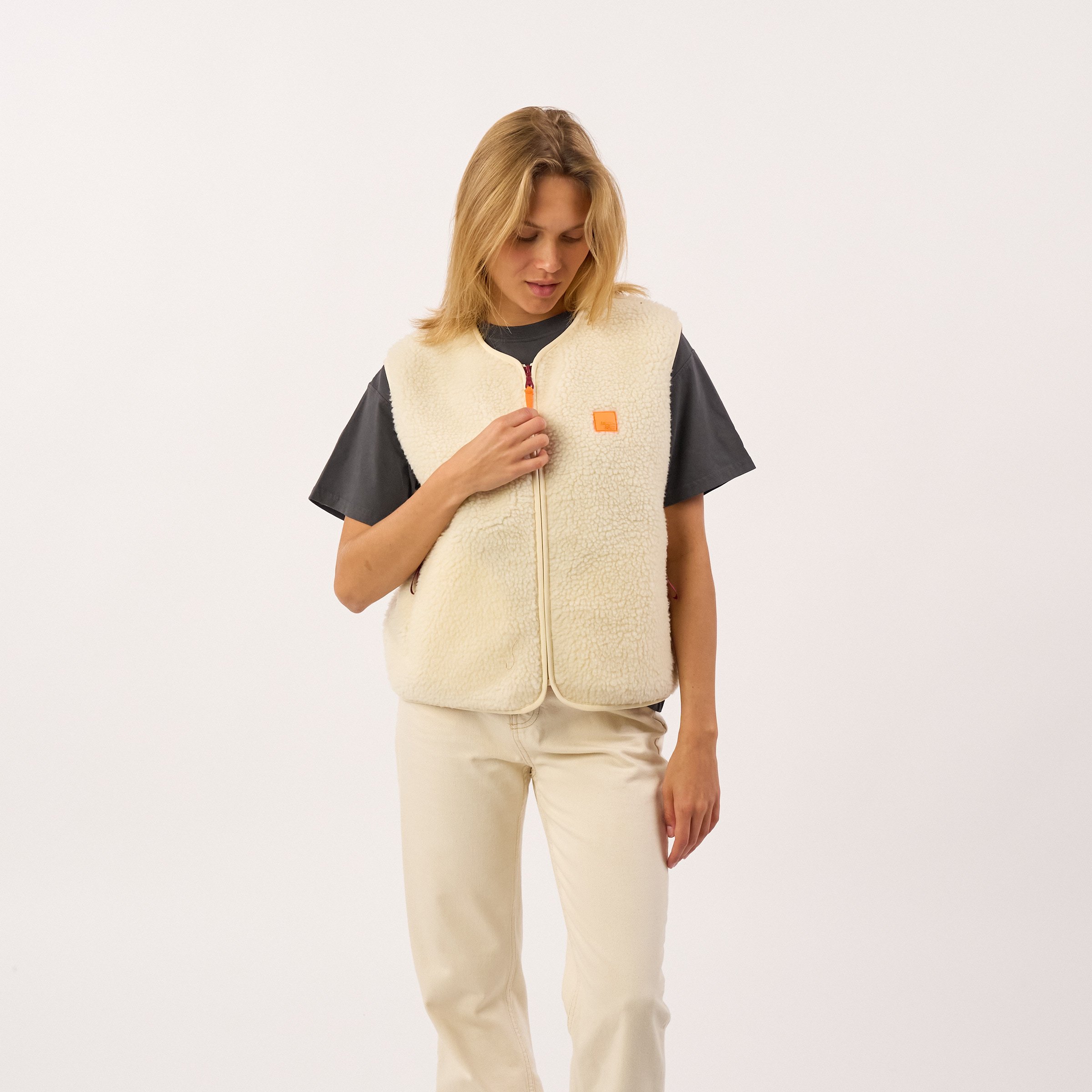 Sleeveless Sherpa Zip-Up Vest BILLYBELT Beige