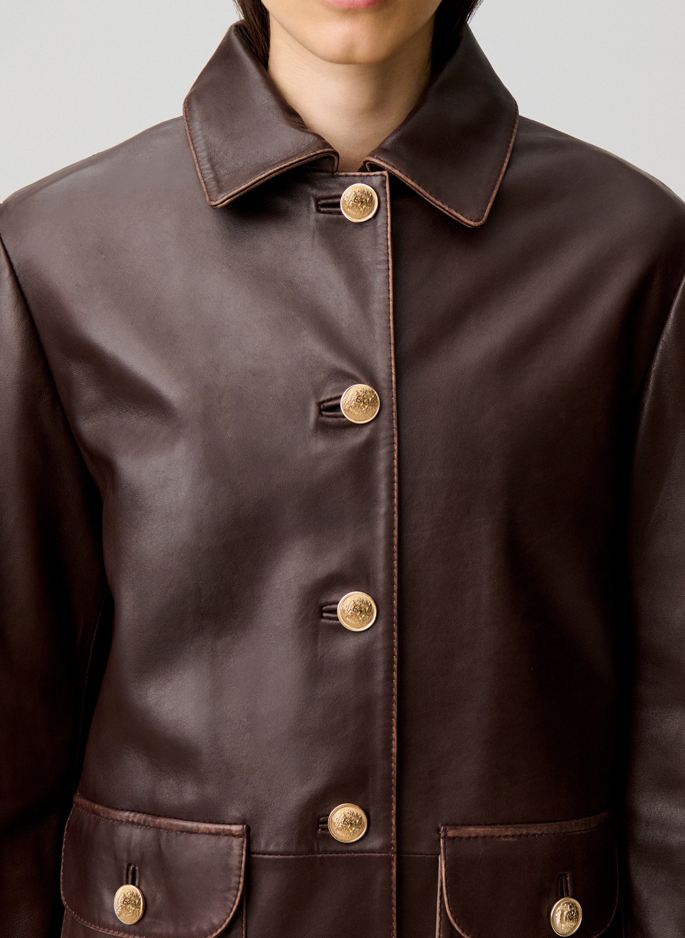 Straight buttoned leather jacket CLAUDIE PIERLOT Brown