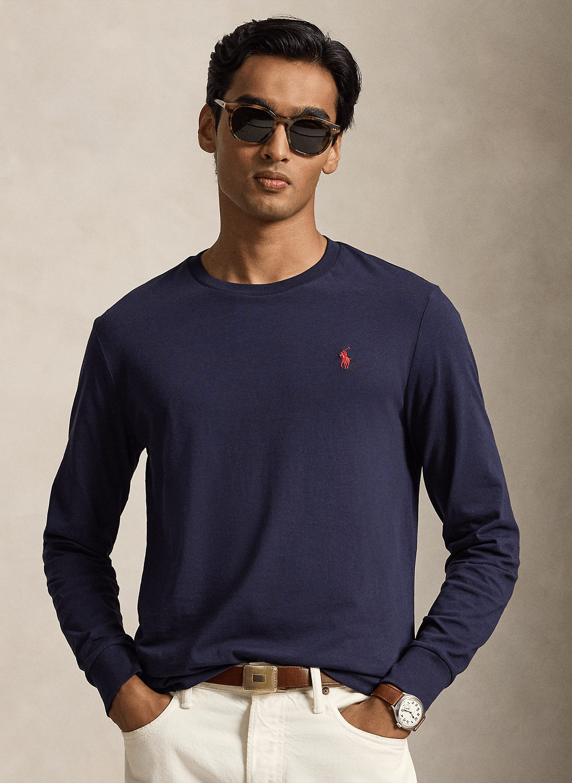Einfarbiges Baumwoll-T-Shirt mit Rundhalsausschnitt, Slim Fit POLO RALPH LAUREN Blau