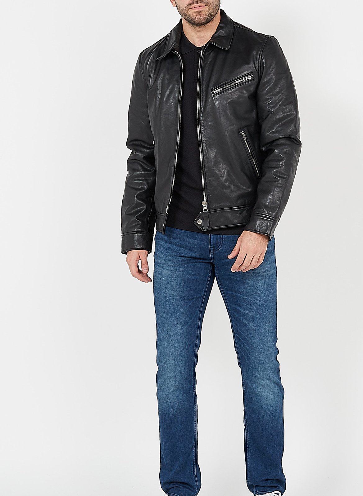 Blouson col classique zippé en cuir SCHOTT Noir