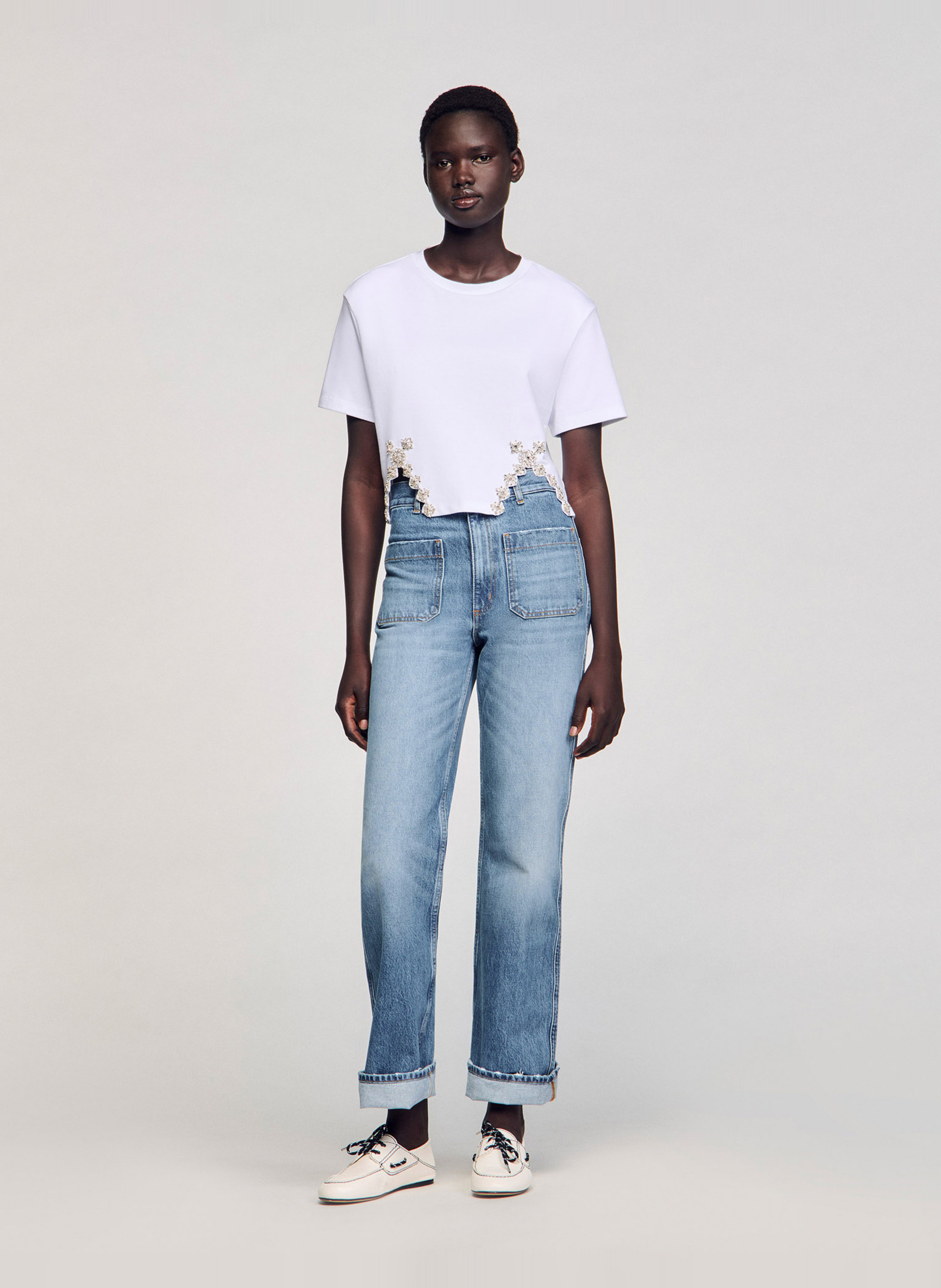 Kort T-shirt van katoenmix met stras SANDRO Wit