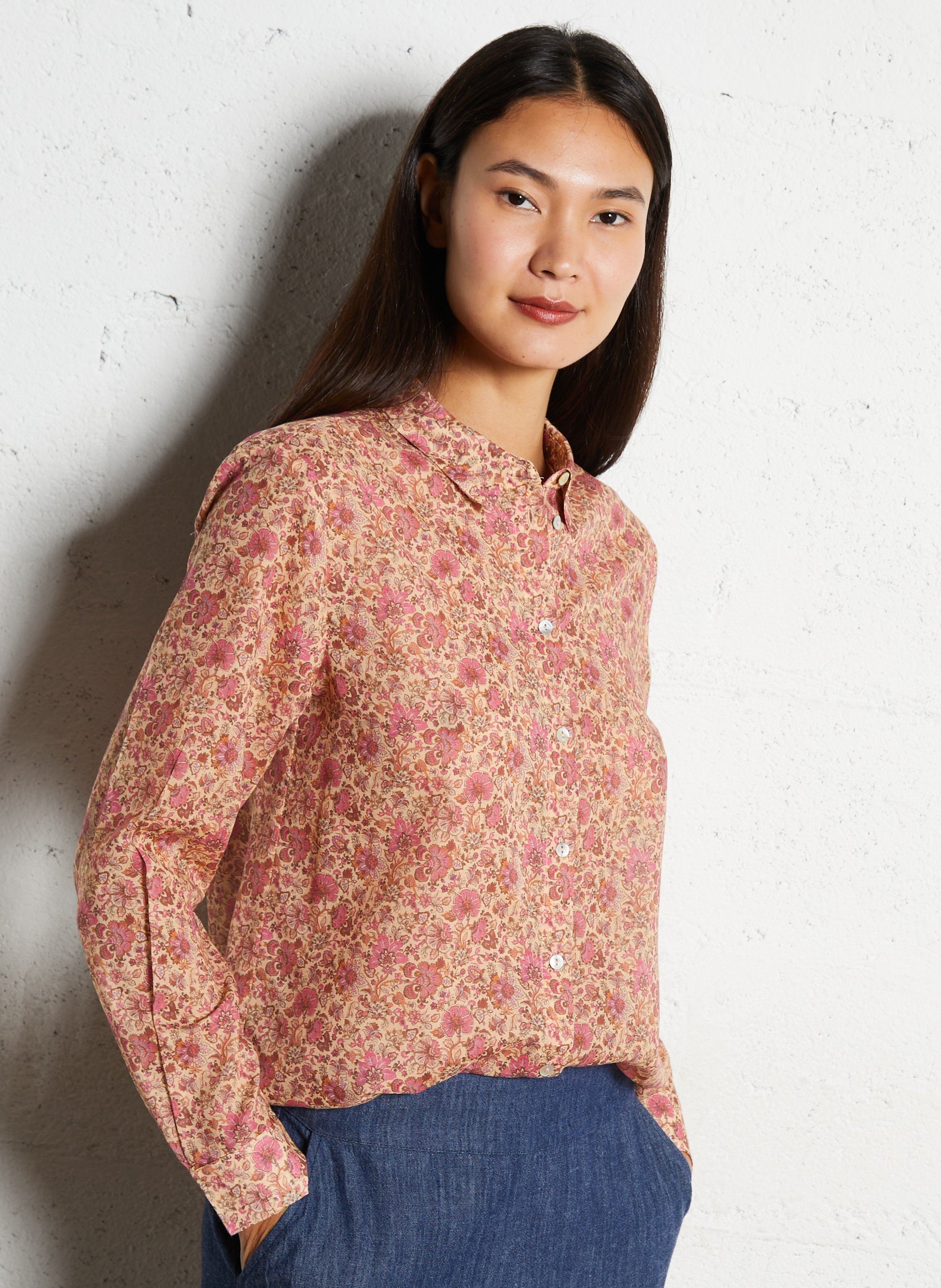 Chemise droite col classique imprimé fleuri en coton MAISON 123 Rose