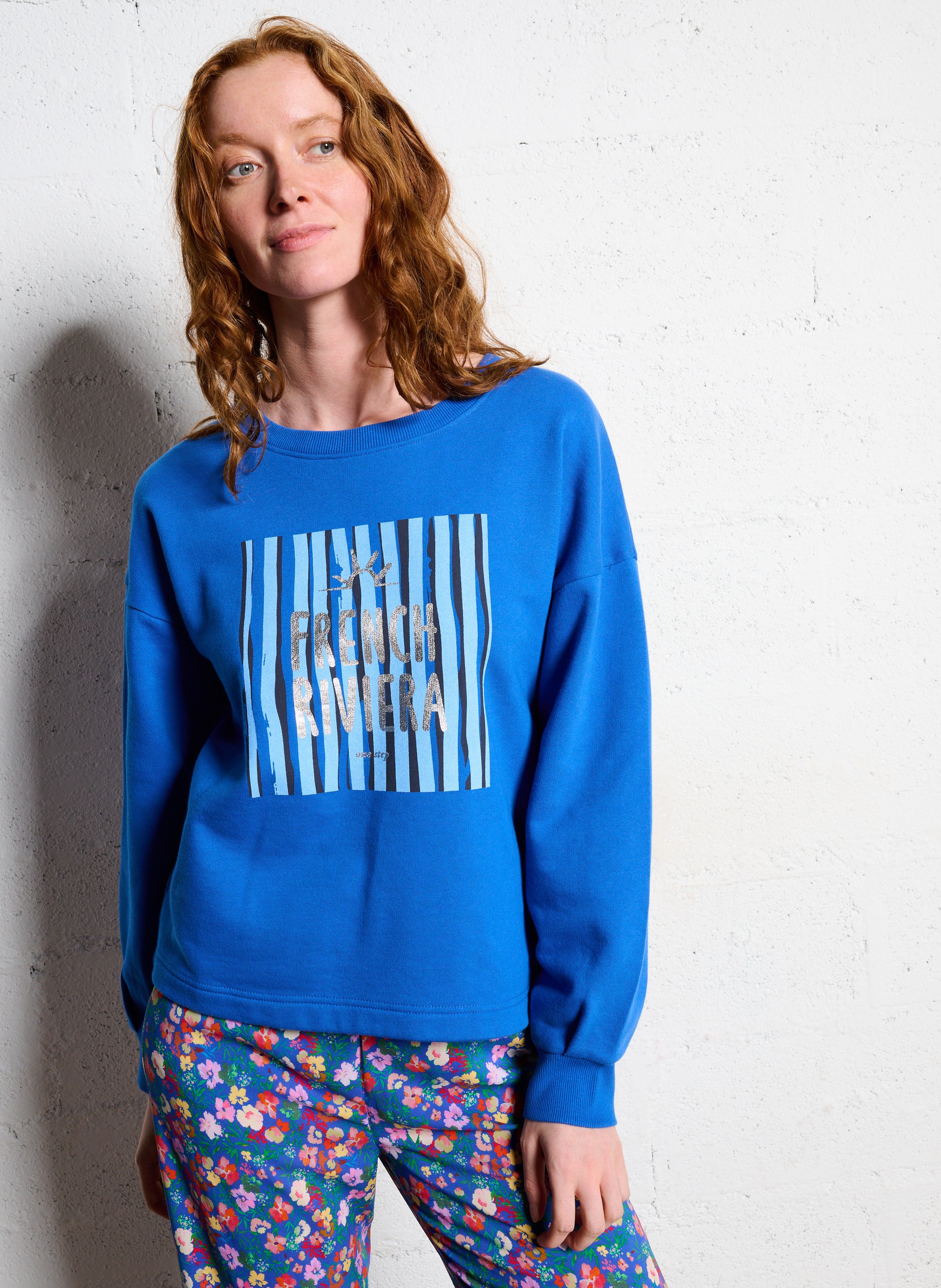 Sweat ample col rond sérigraphié en coton mélangé ONE STEP Bleu