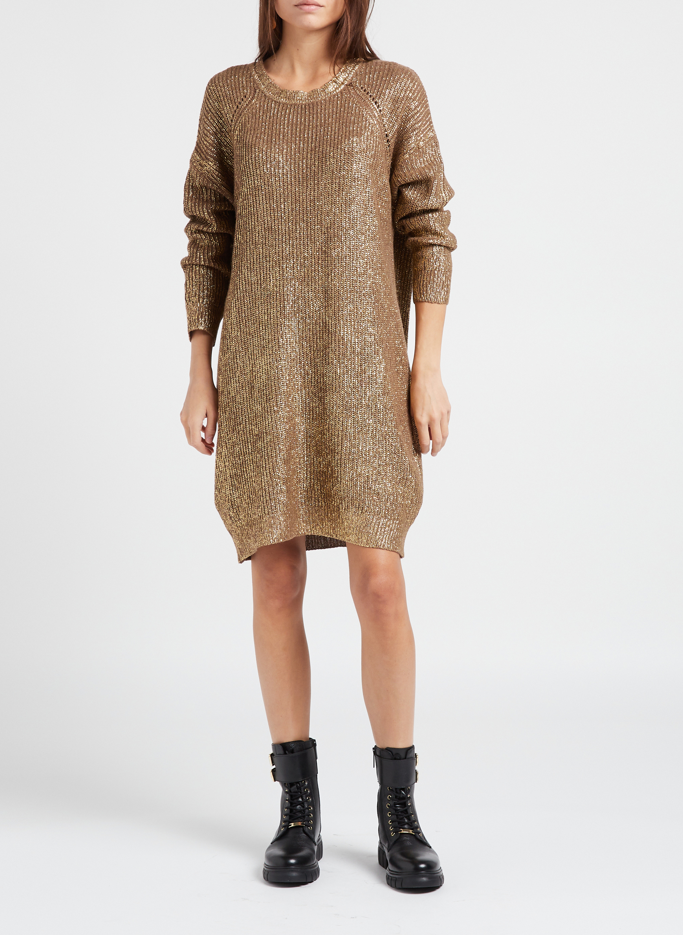 Korte, gebreide jurk met ronde hals PINKO Bruin