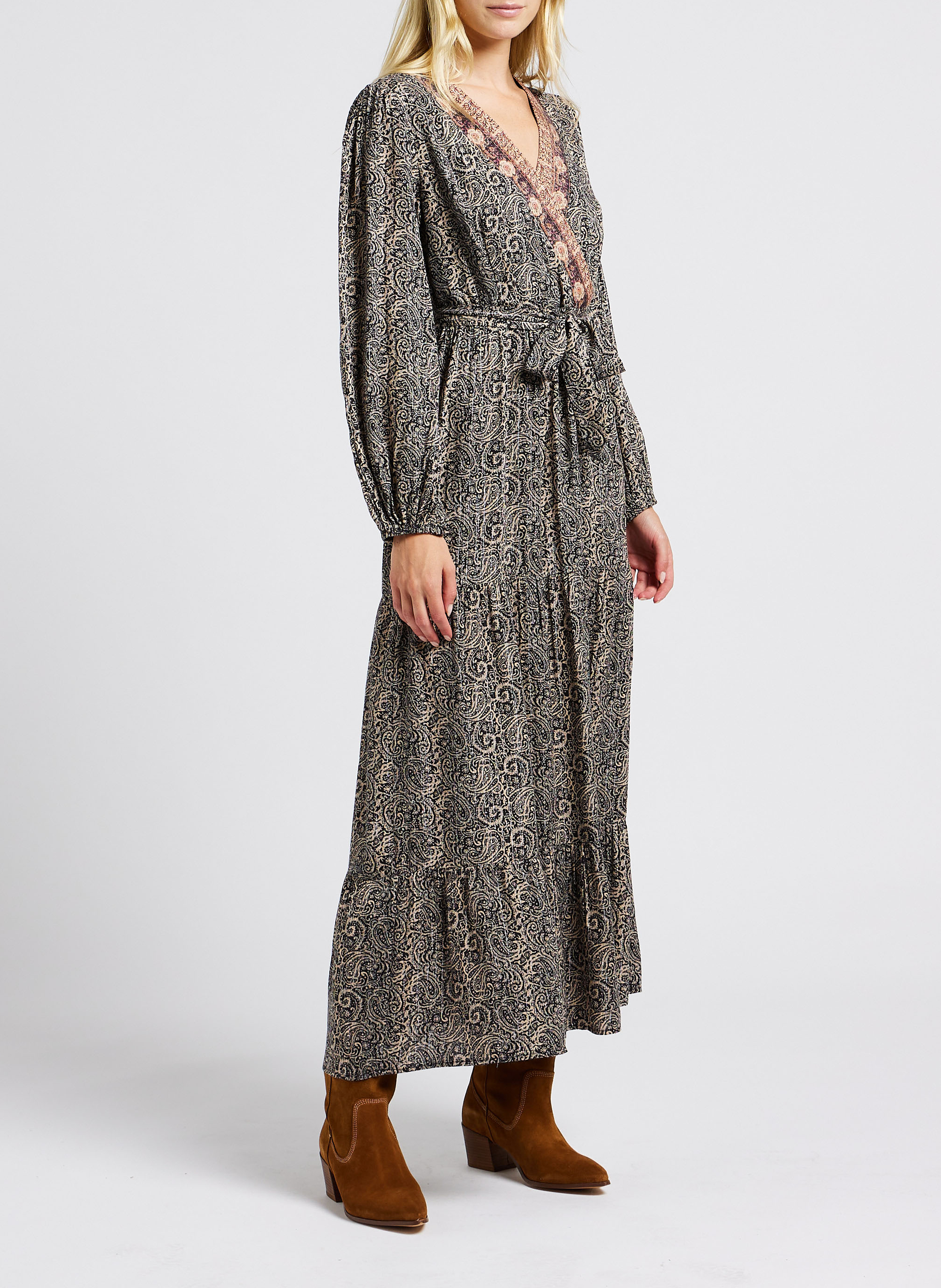 Long straight printed V-neck dress GRACE ET MILA Black