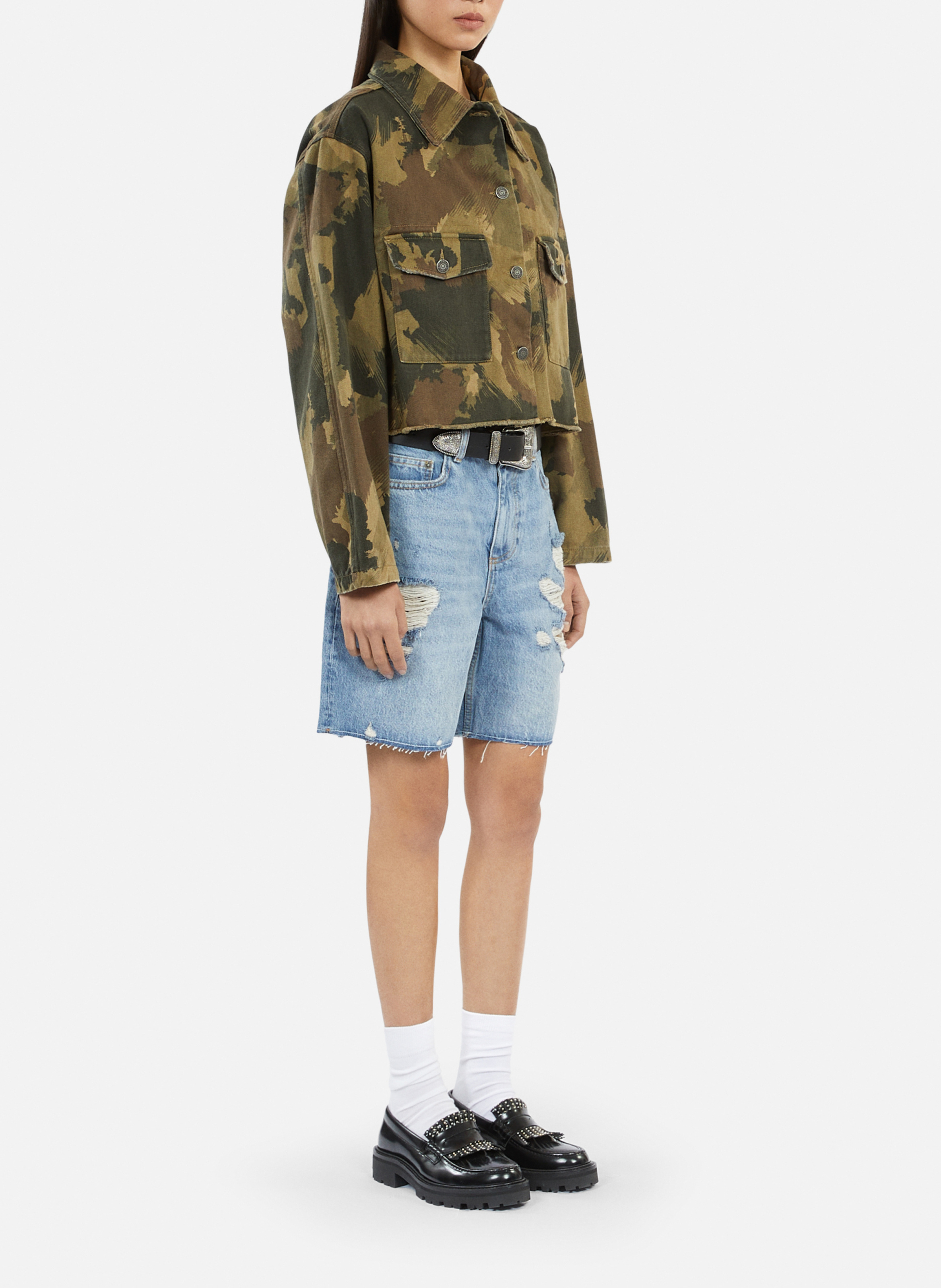 Korte denim jasje met katoenen print THE KOOPLES Kaki