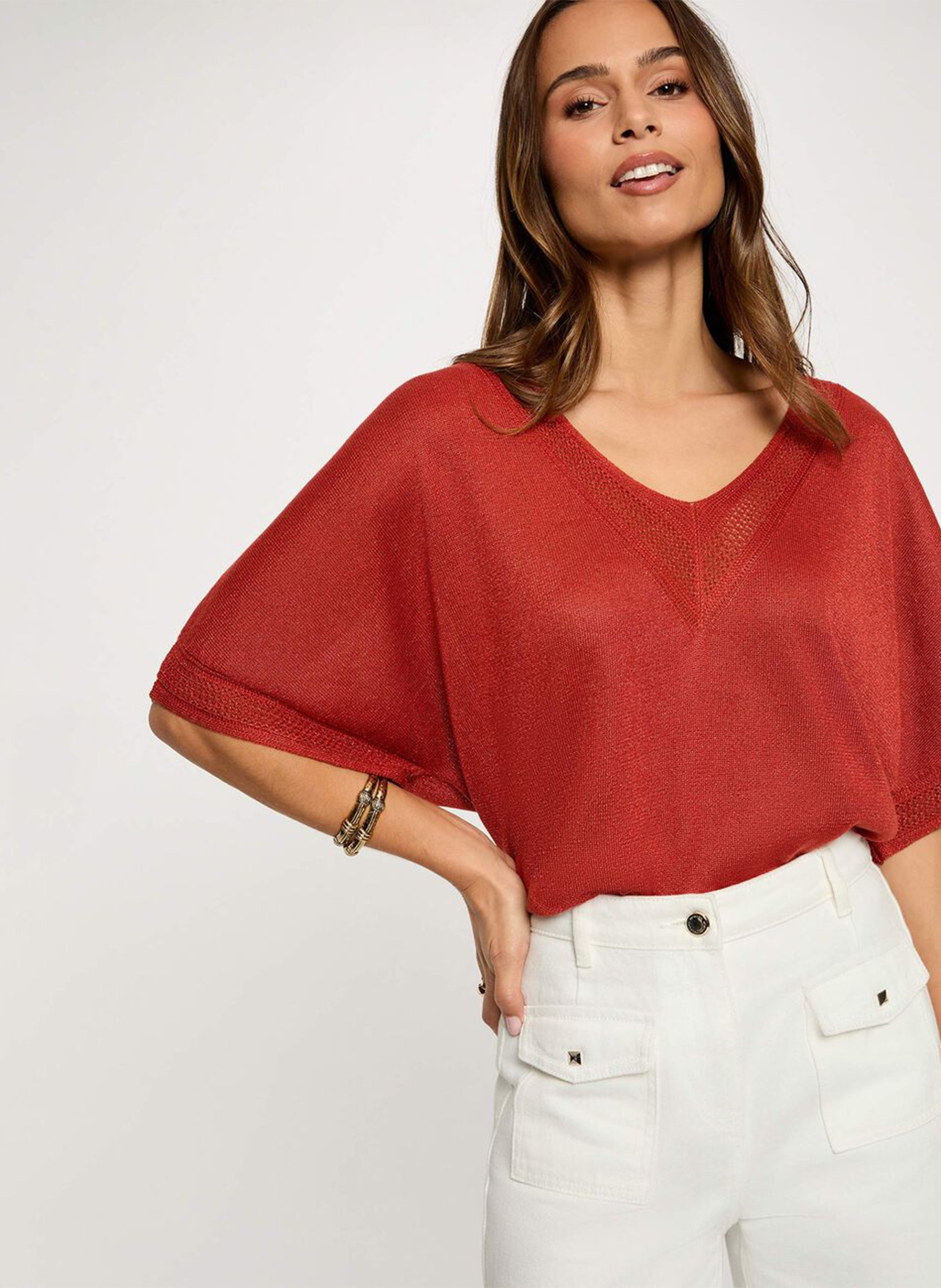 Gerade geschnittener Pullover mit V-Ausschnitt und Metallic-Dekor MORGAN