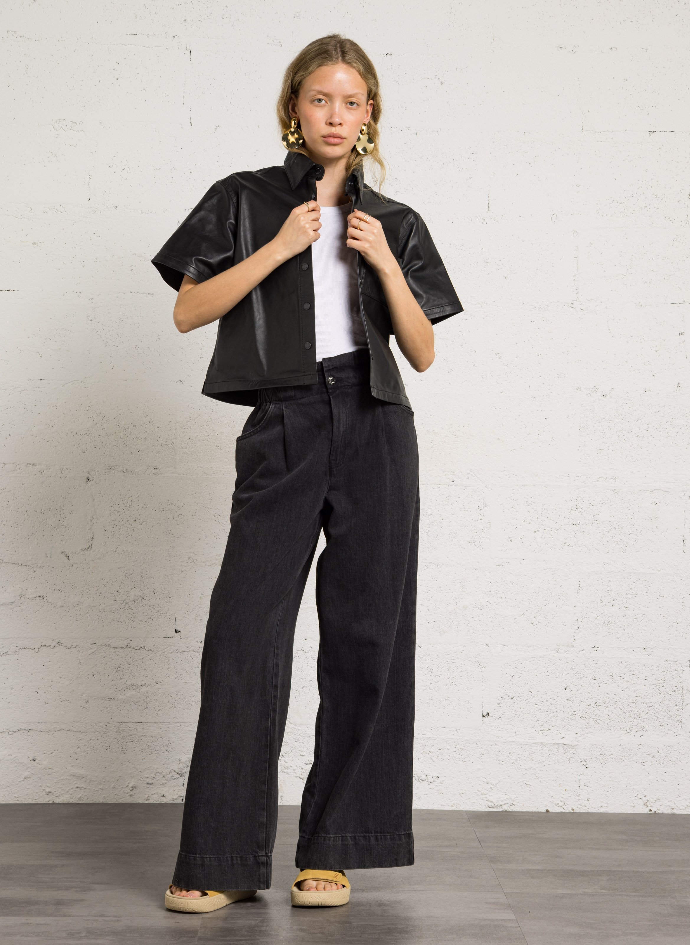 Kurzarm-Lederhemd SCHOTT Schwarz