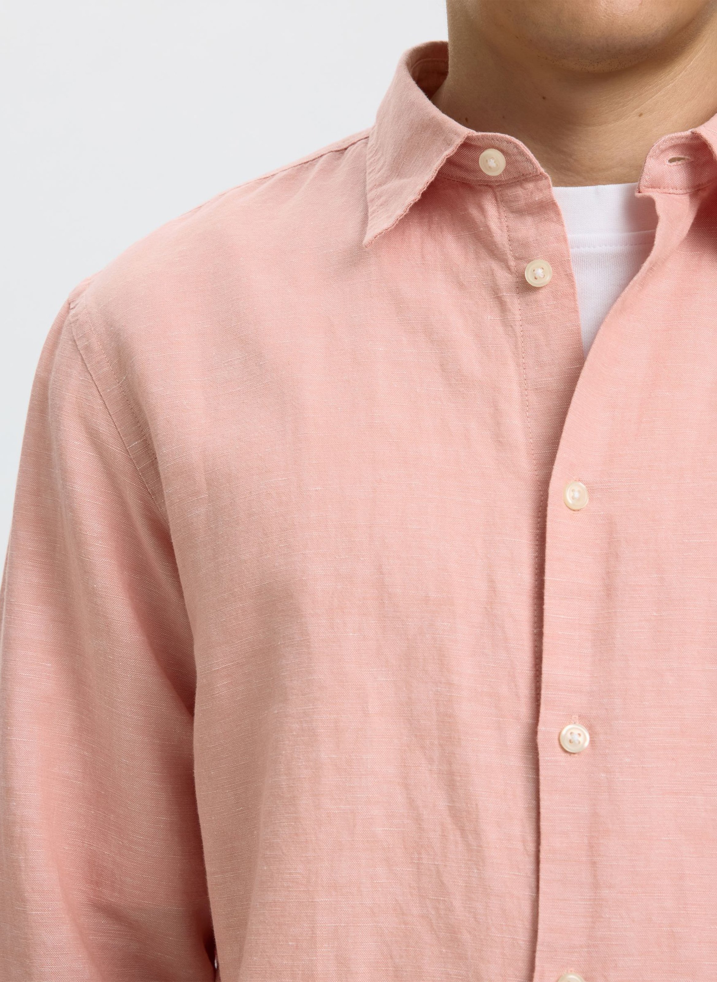 Straight shirt with classic collar in linen and cotton SELECTED Pink