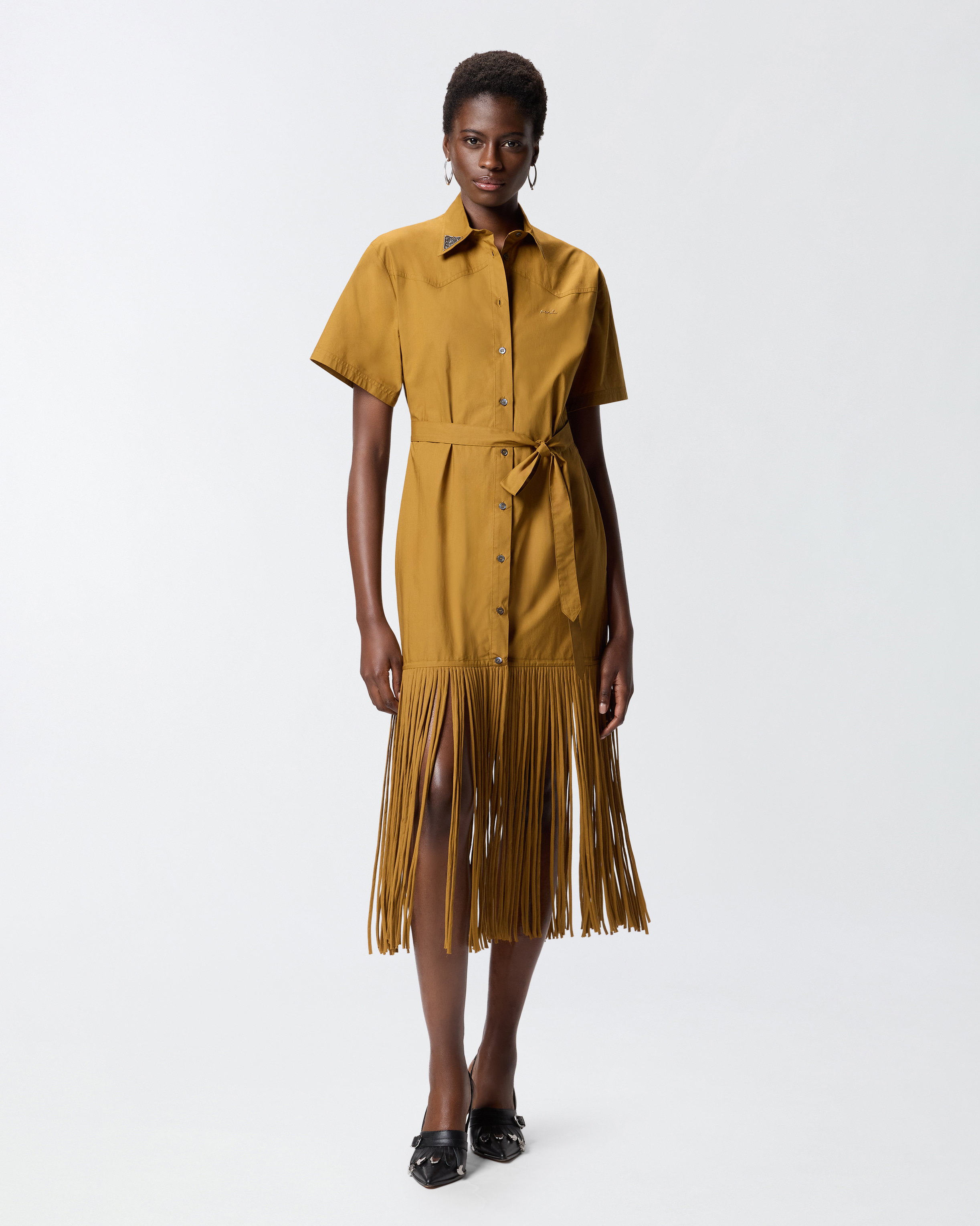 Robe chemise longue à franges et détails métalliques PINKO Orange