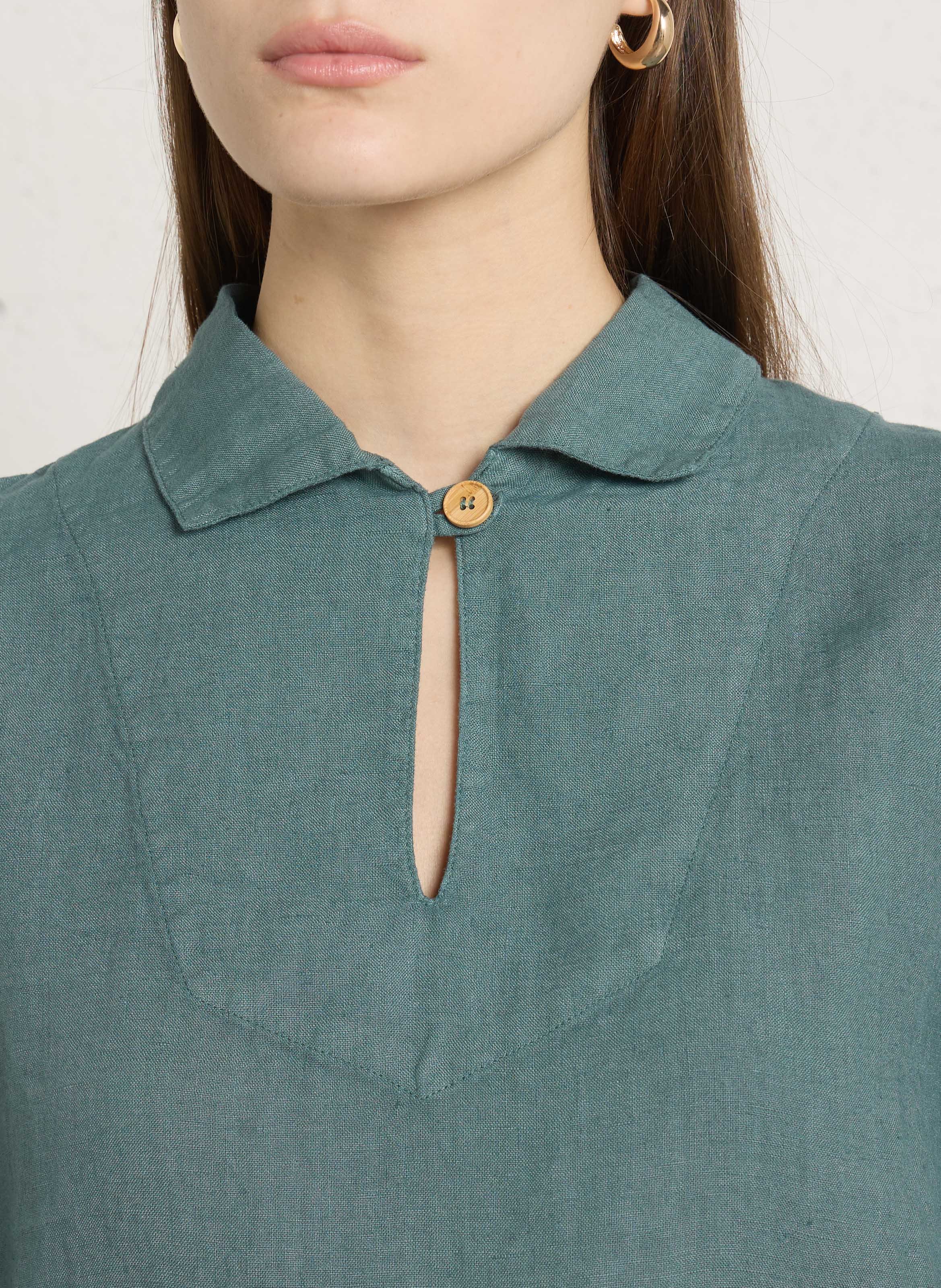 Straight linen dress with classic collar ARMOR LUX Green