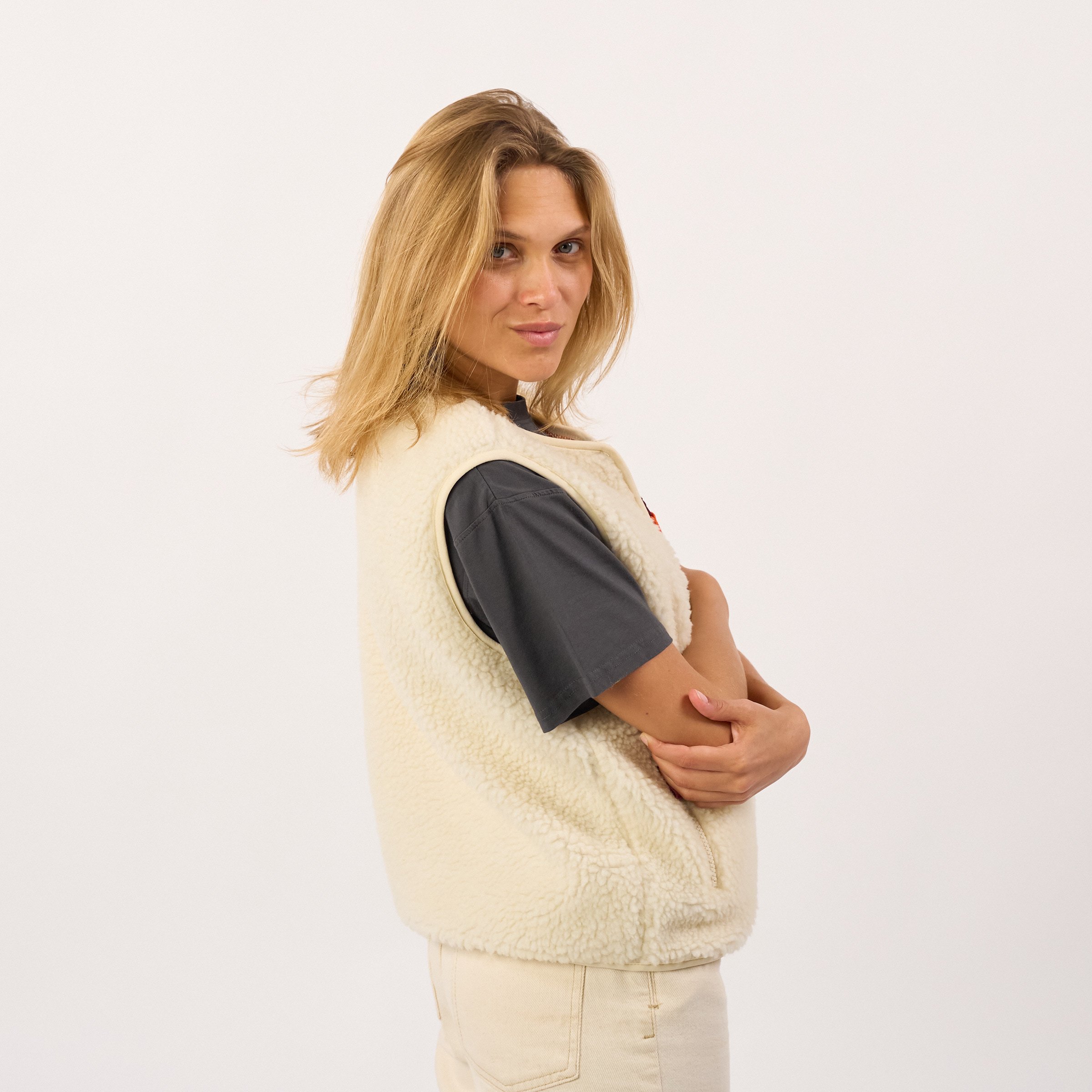 Sleeveless Sherpa Zip-Up Vest BILLYBELT Beige