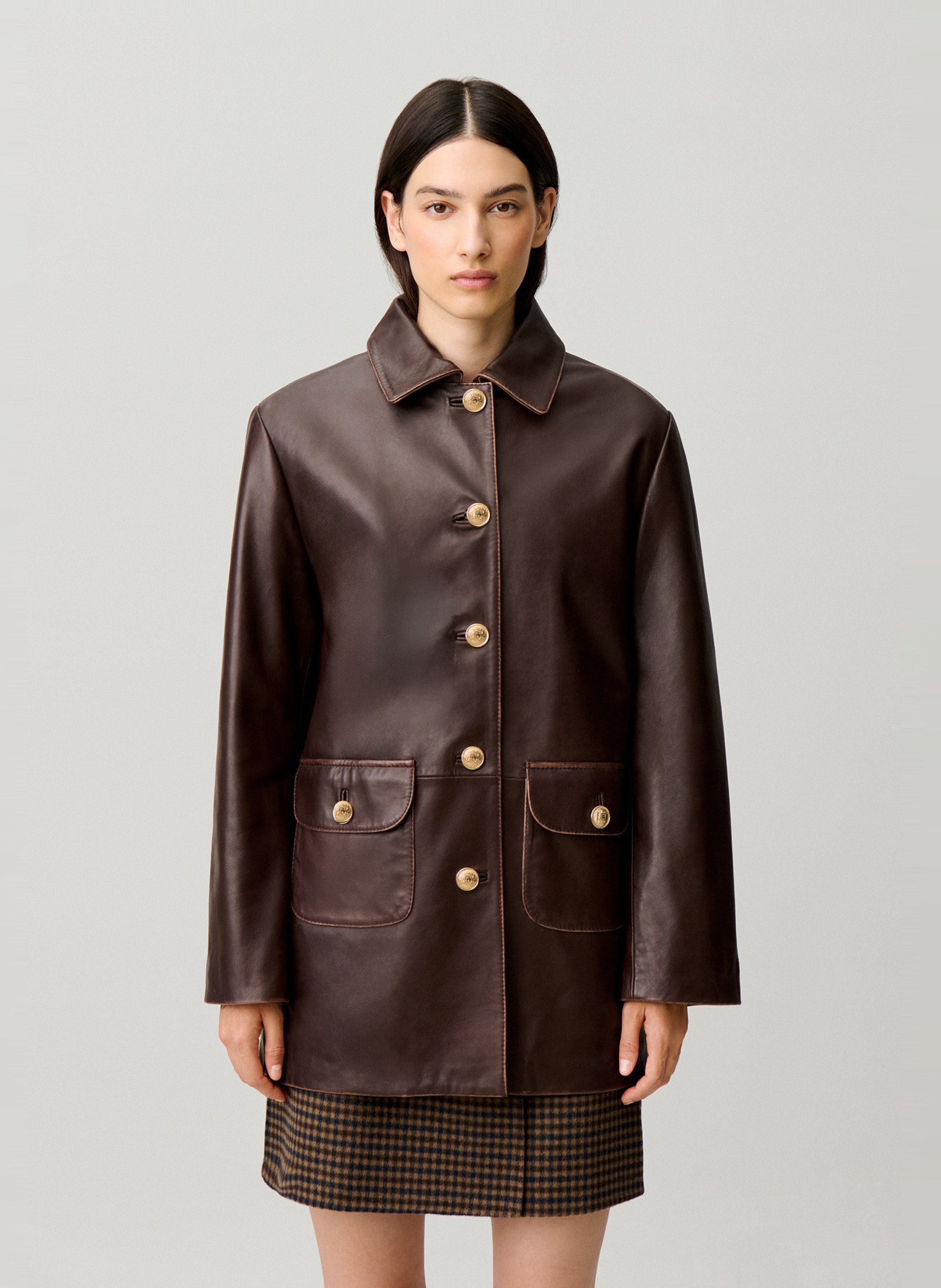 Straight buttoned leather jacket CLAUDIE PIERLOT Brown