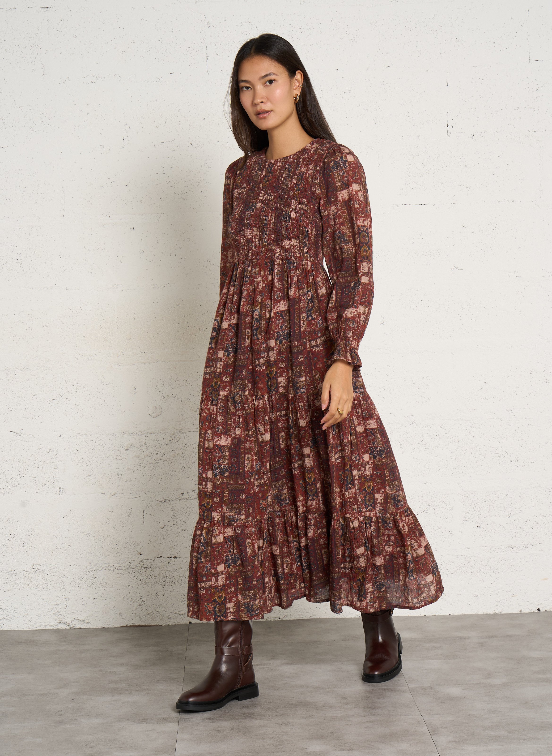 Langes Baumwollkleid mit Print MAISON HOTEL Braun