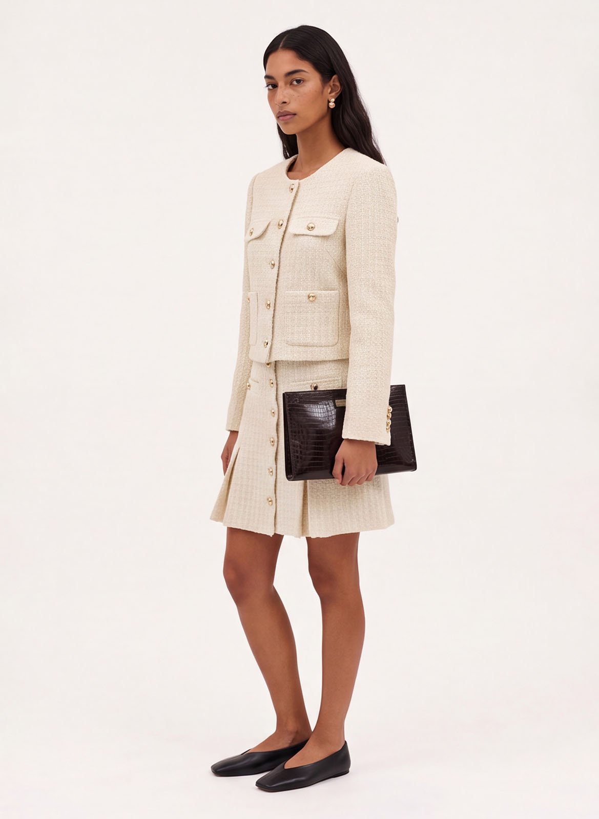 Jupe droite plissée effet tweed KOOKAI Blanc