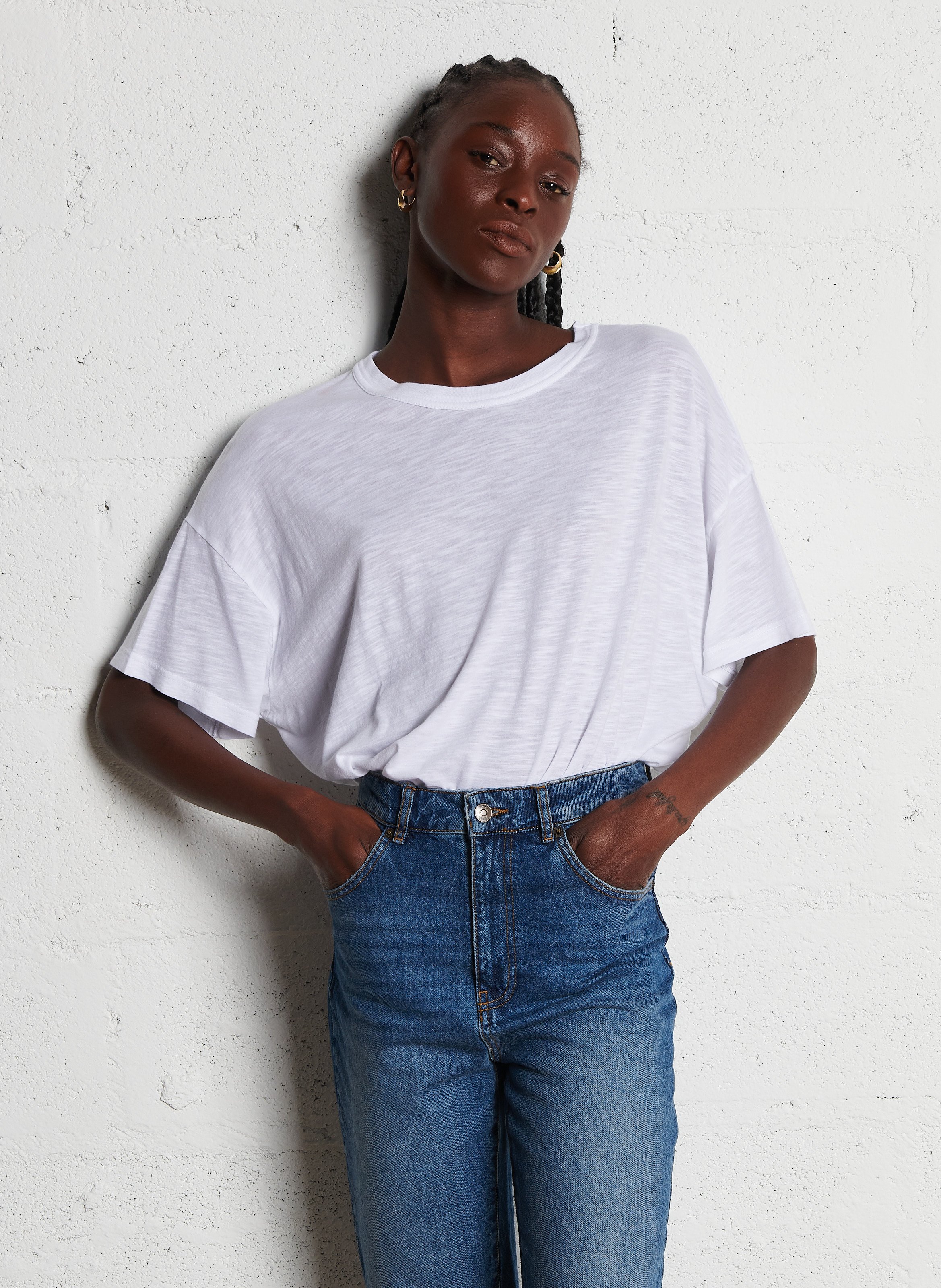 Tee-shirt col rond ample en coton mélangé Blanc