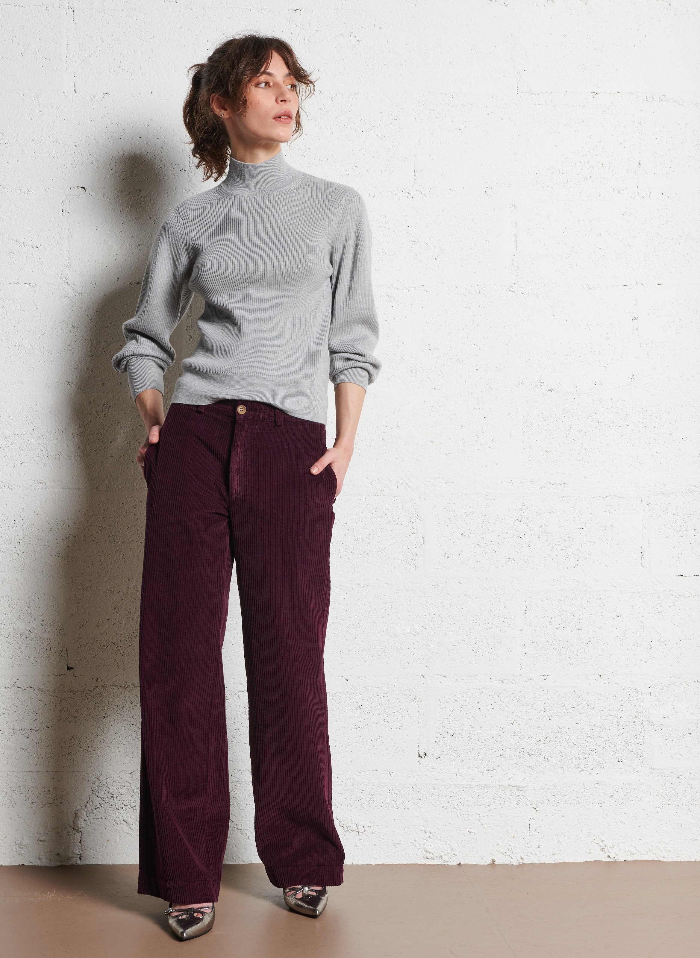 Pull col rond droit en laine (retour fournisseur selon accords commerciaux) MAJESTIC FILATURES Gris