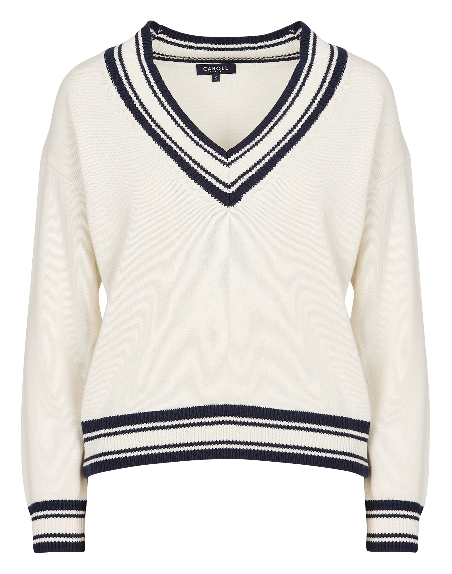 Pull droit col V en coton mélangé CAROLL Beige