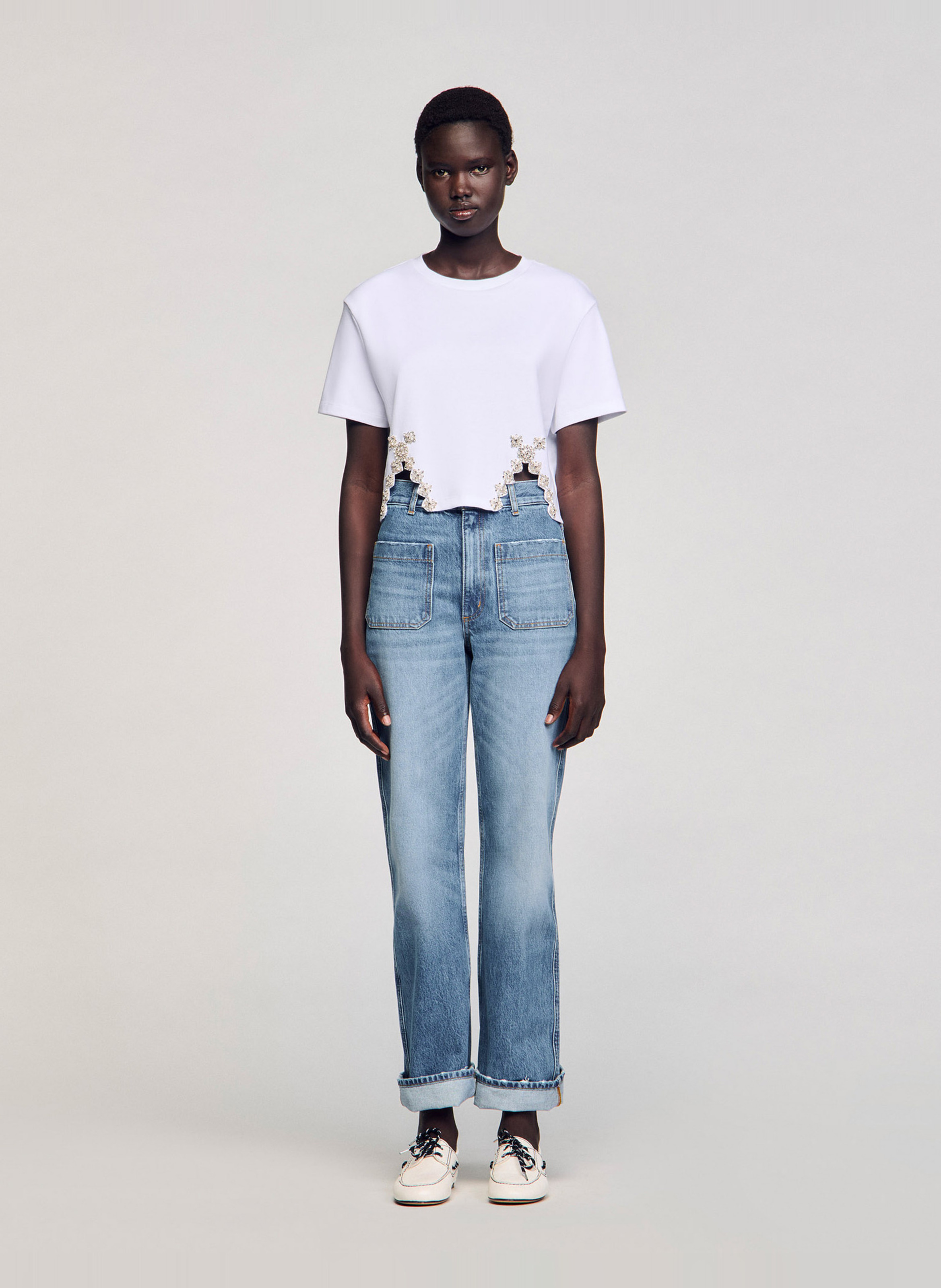 Kort T-shirt van katoenmix met stras SANDRO Wit