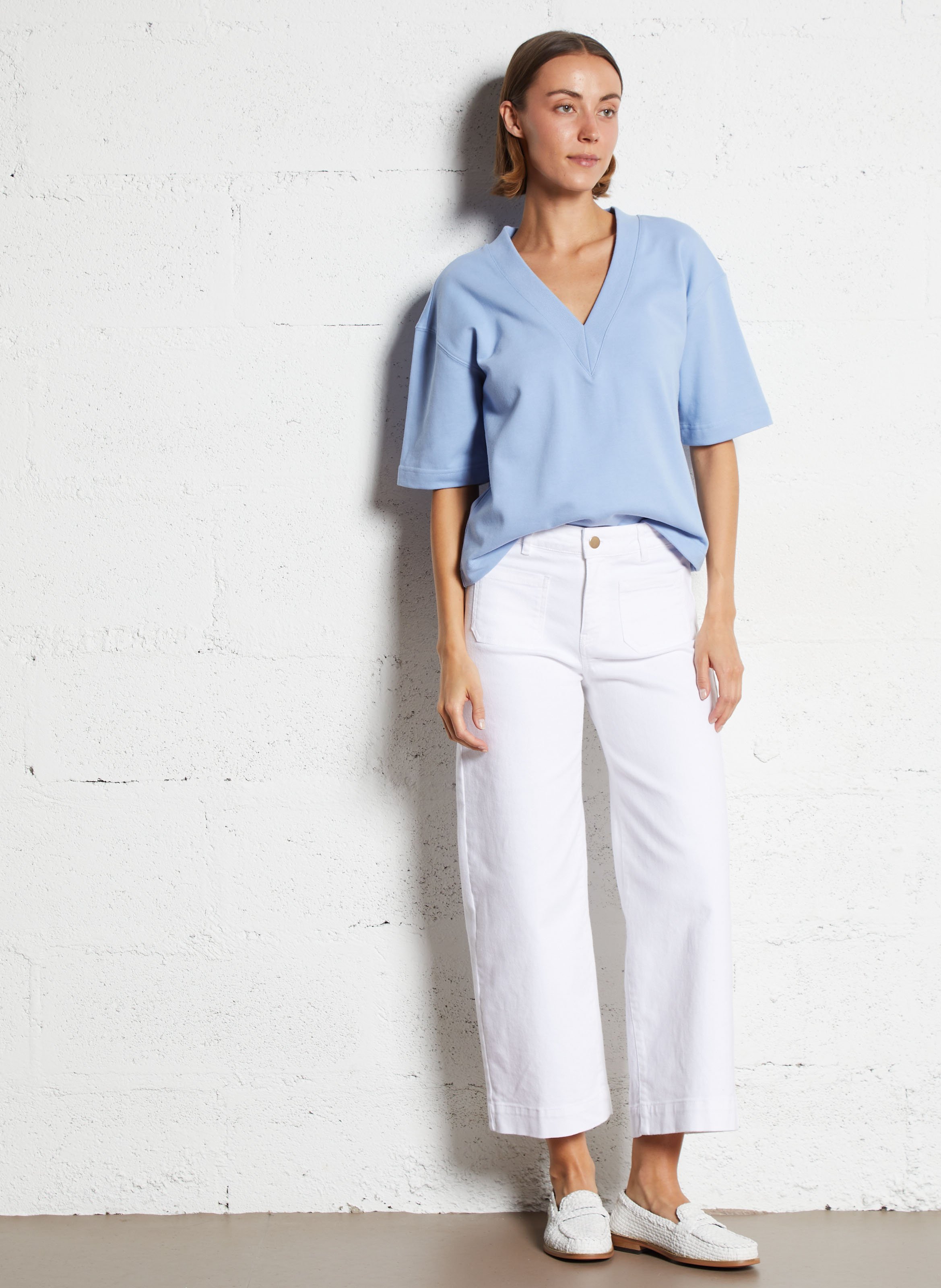 Jean cropped en denim de coton MAISON 123 Blanc