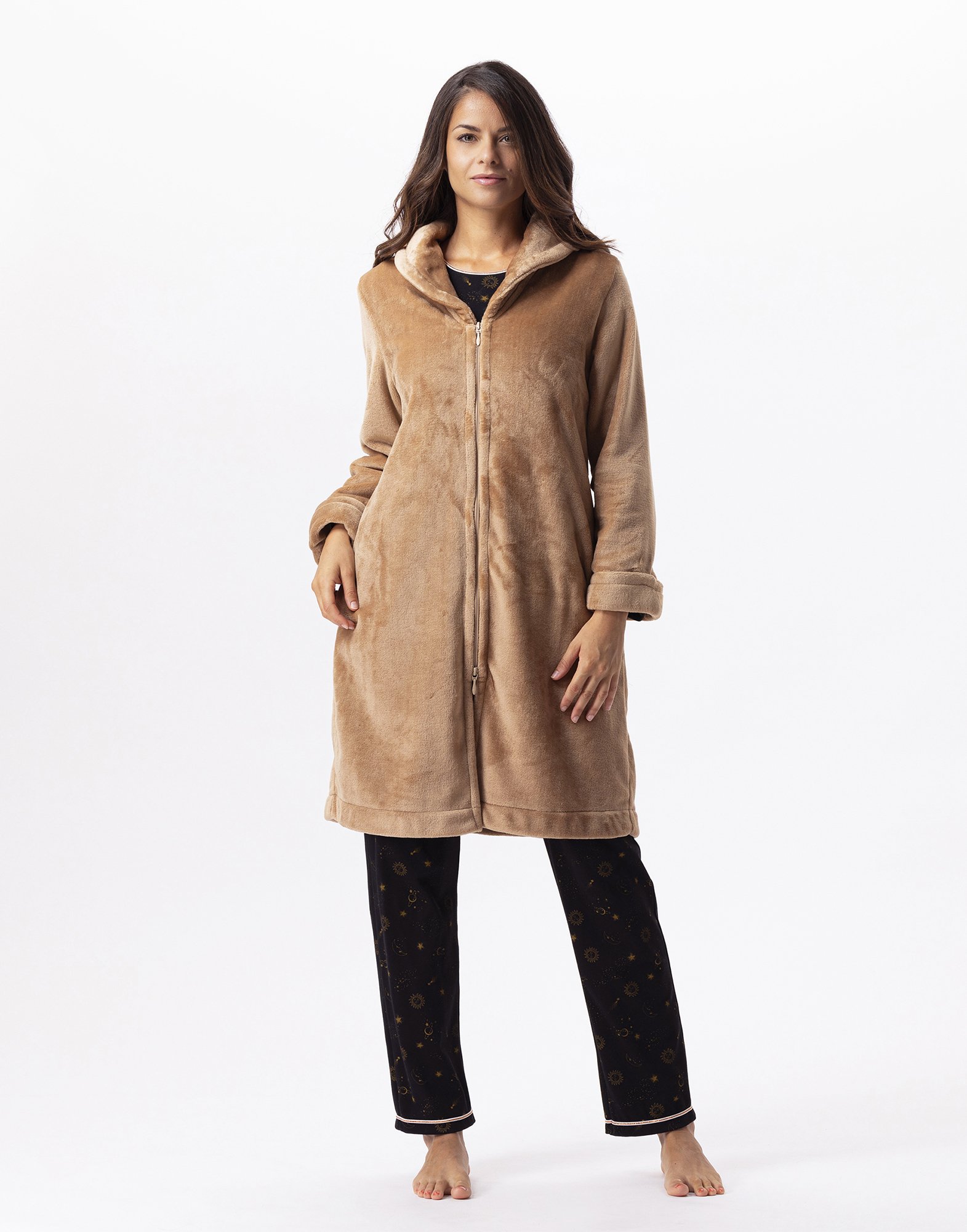 Zippered Plush Flannel Robe LE CHAT Brown