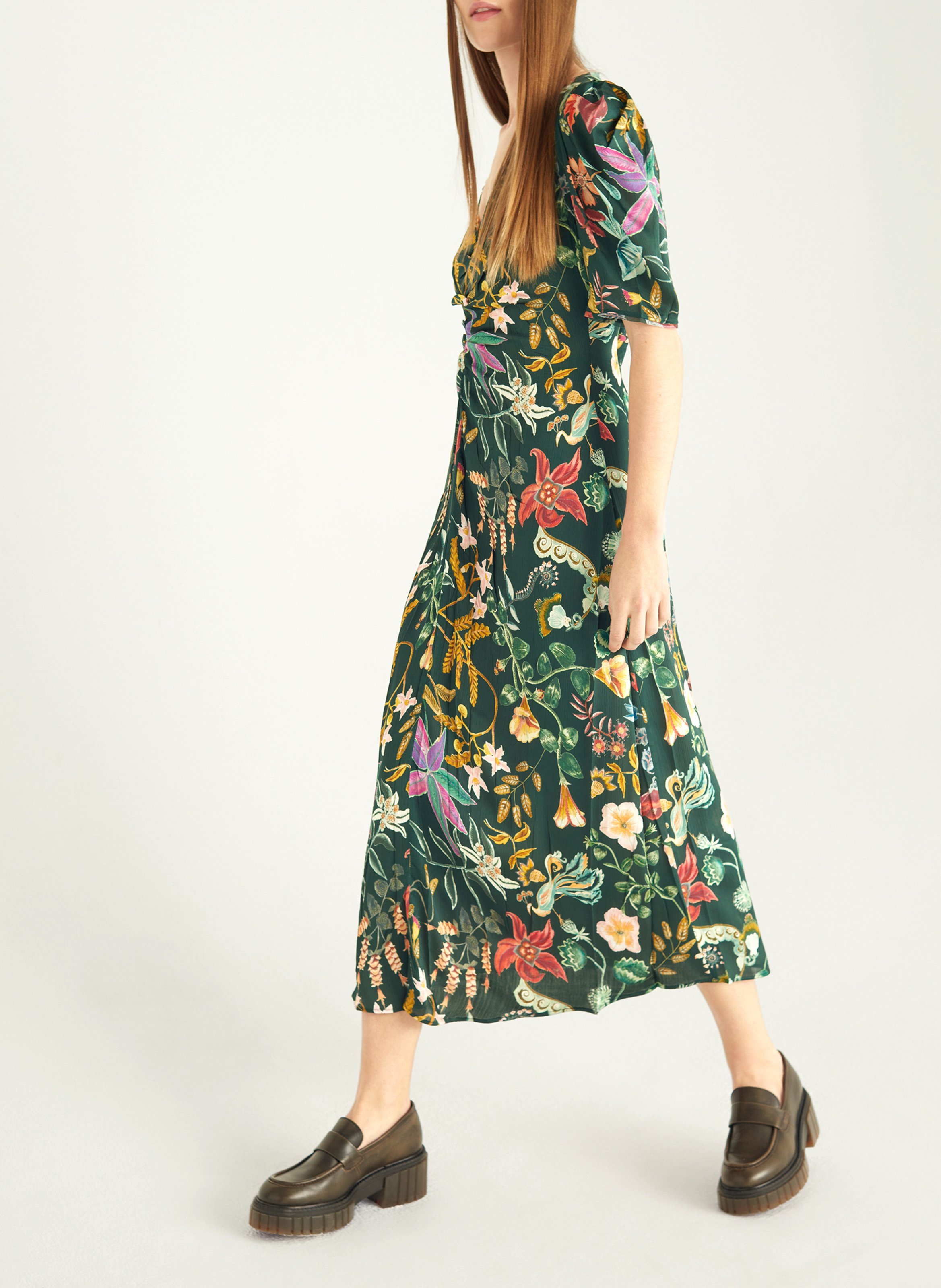 Robe longue col v imprimée COTELAC Vert