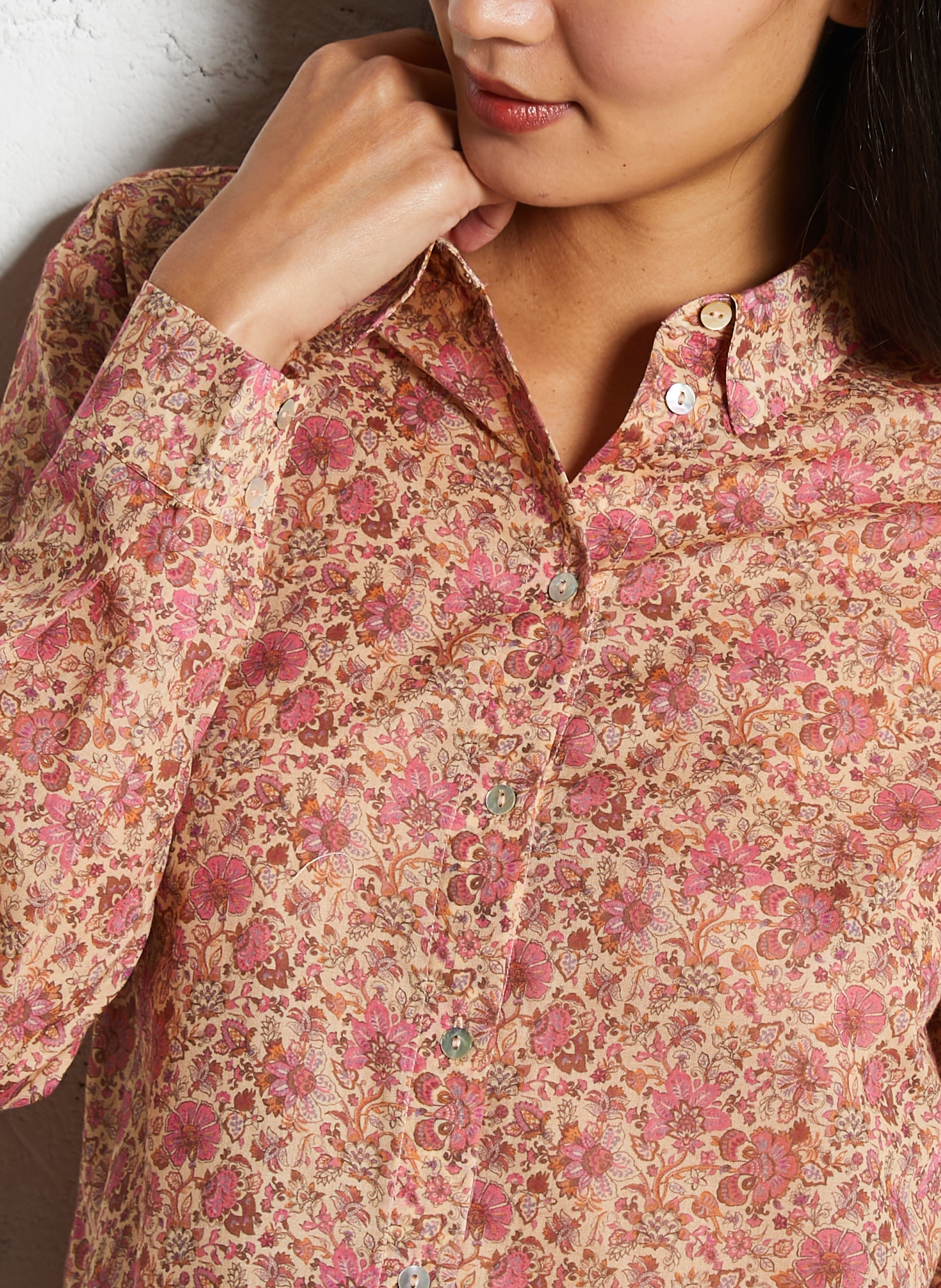 Chemise droite col classique imprimé fleuri en coton MAISON 123 Rose