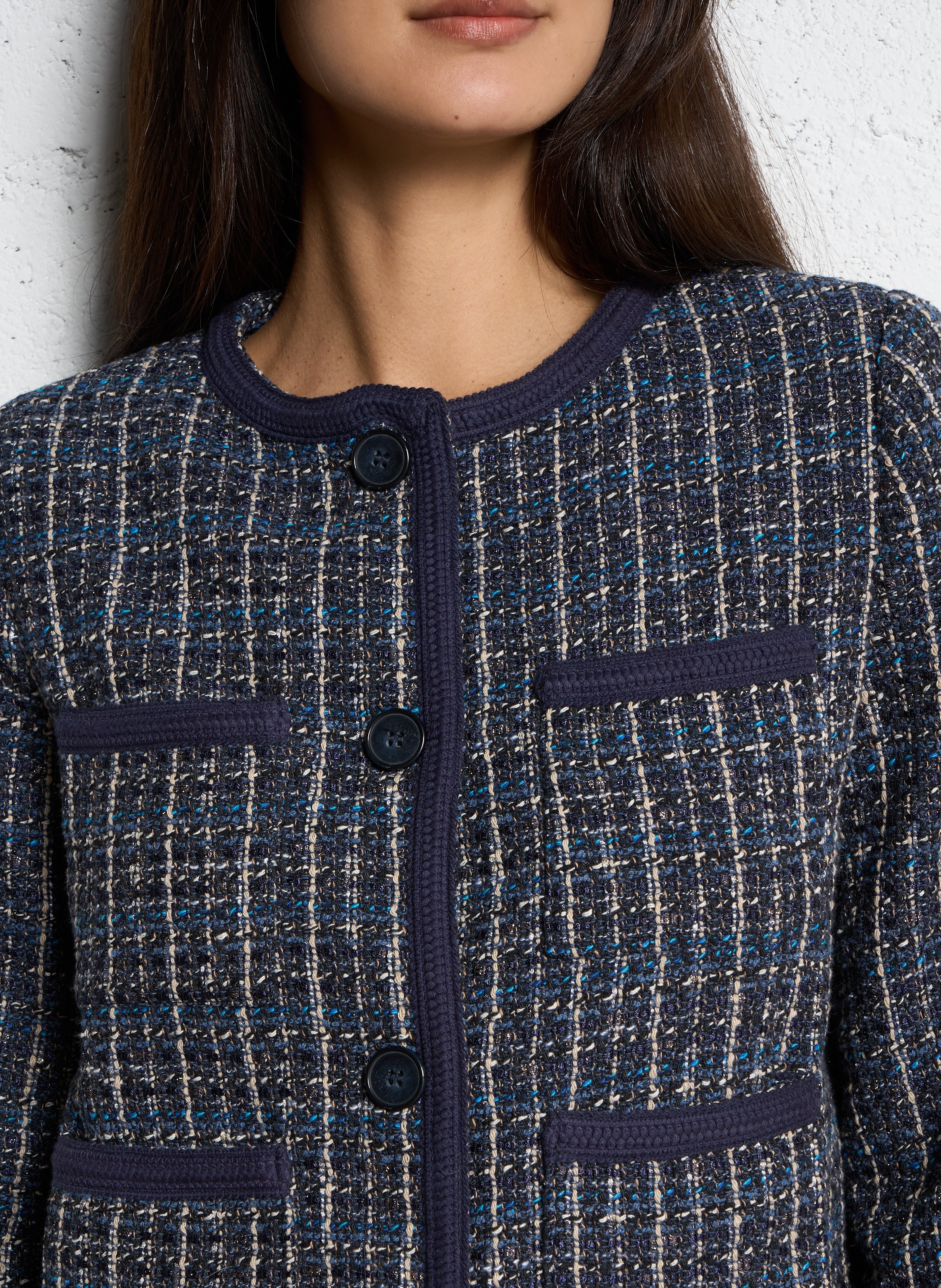 Veste col rond boutonnée en tweed Bleu