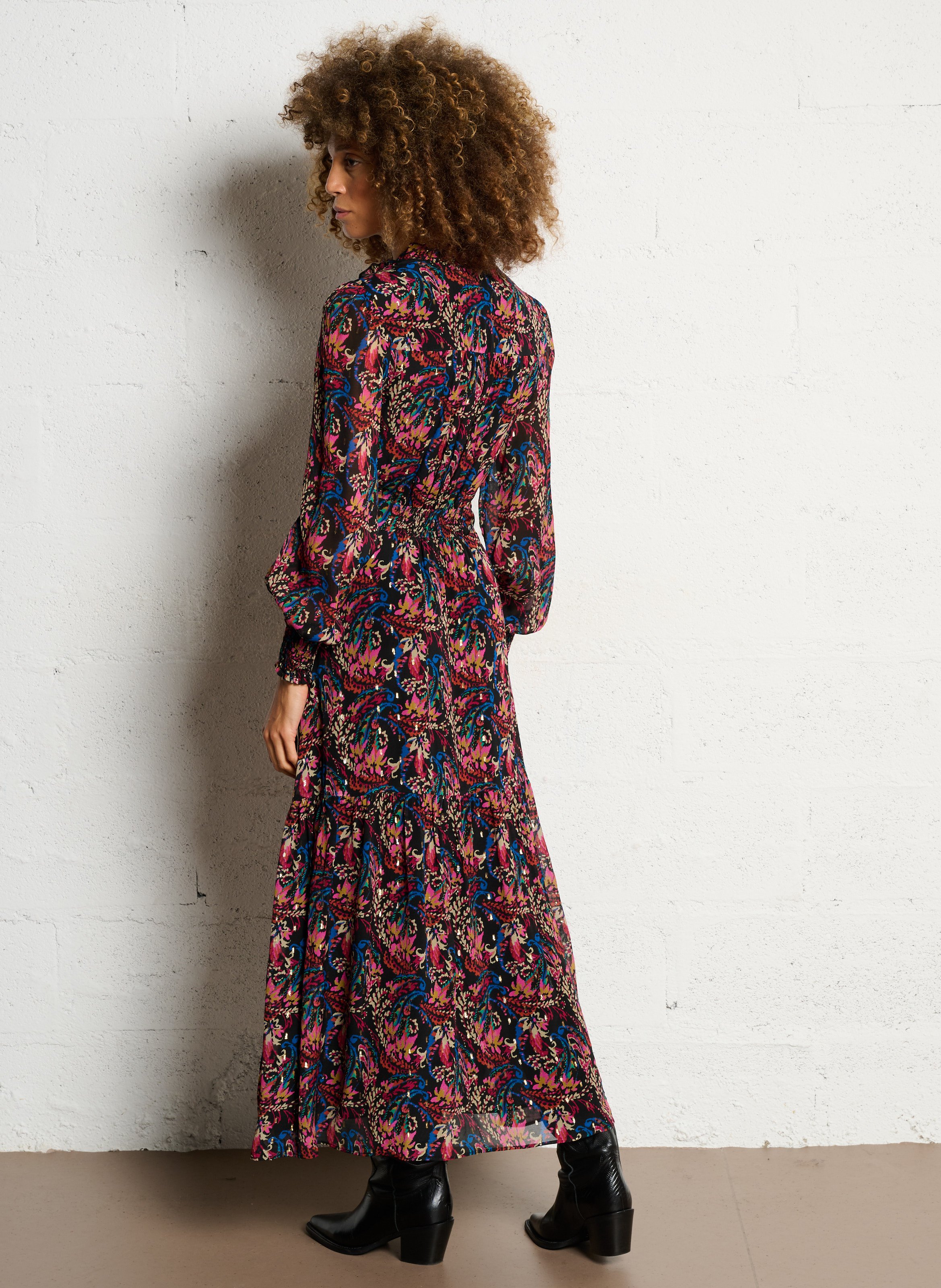 Robe longue fluide imprimée à volants BERENICE Multicolore