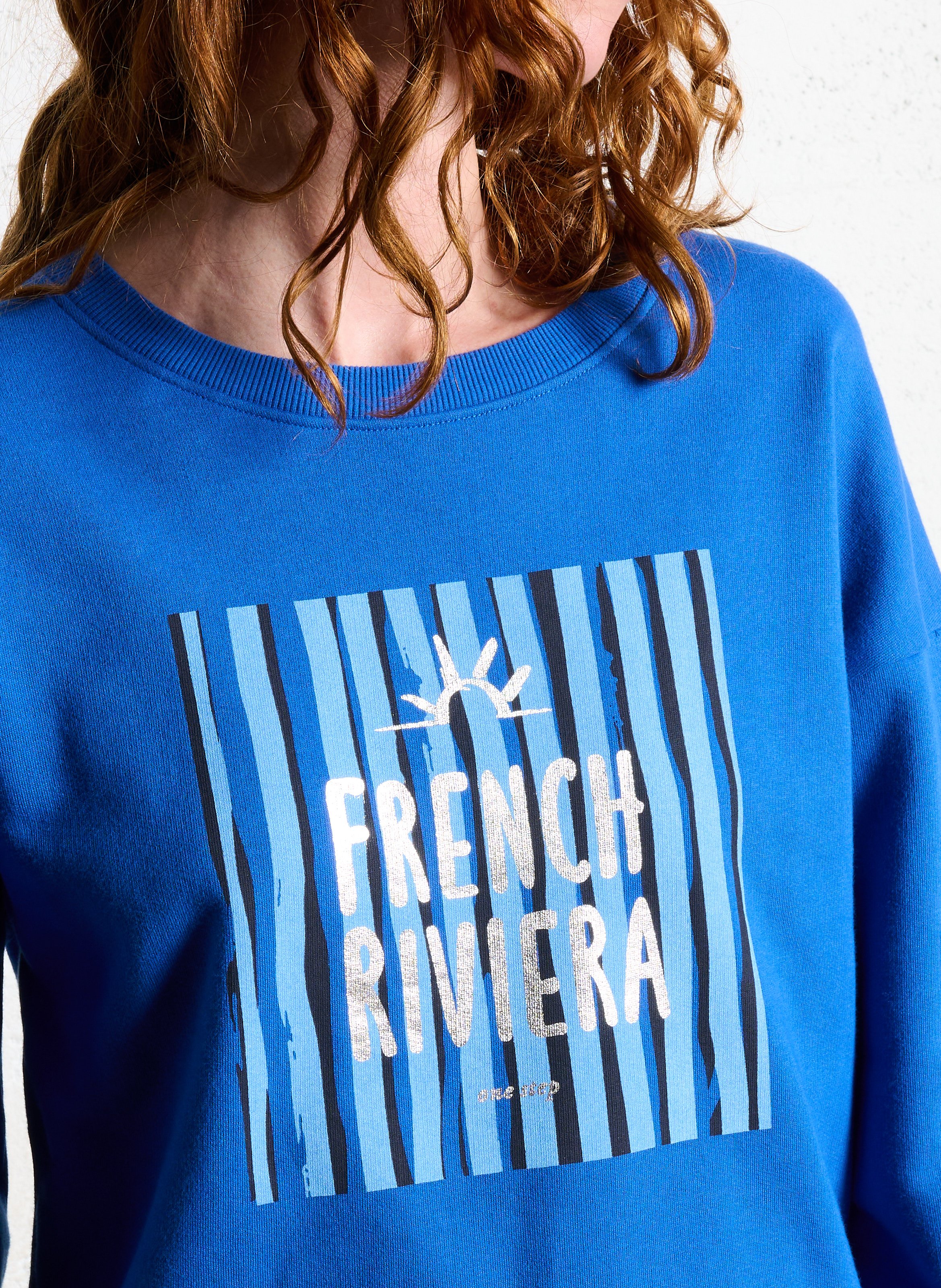 Sweat ample col rond sérigraphié en coton mélangé ONE STEP Bleu