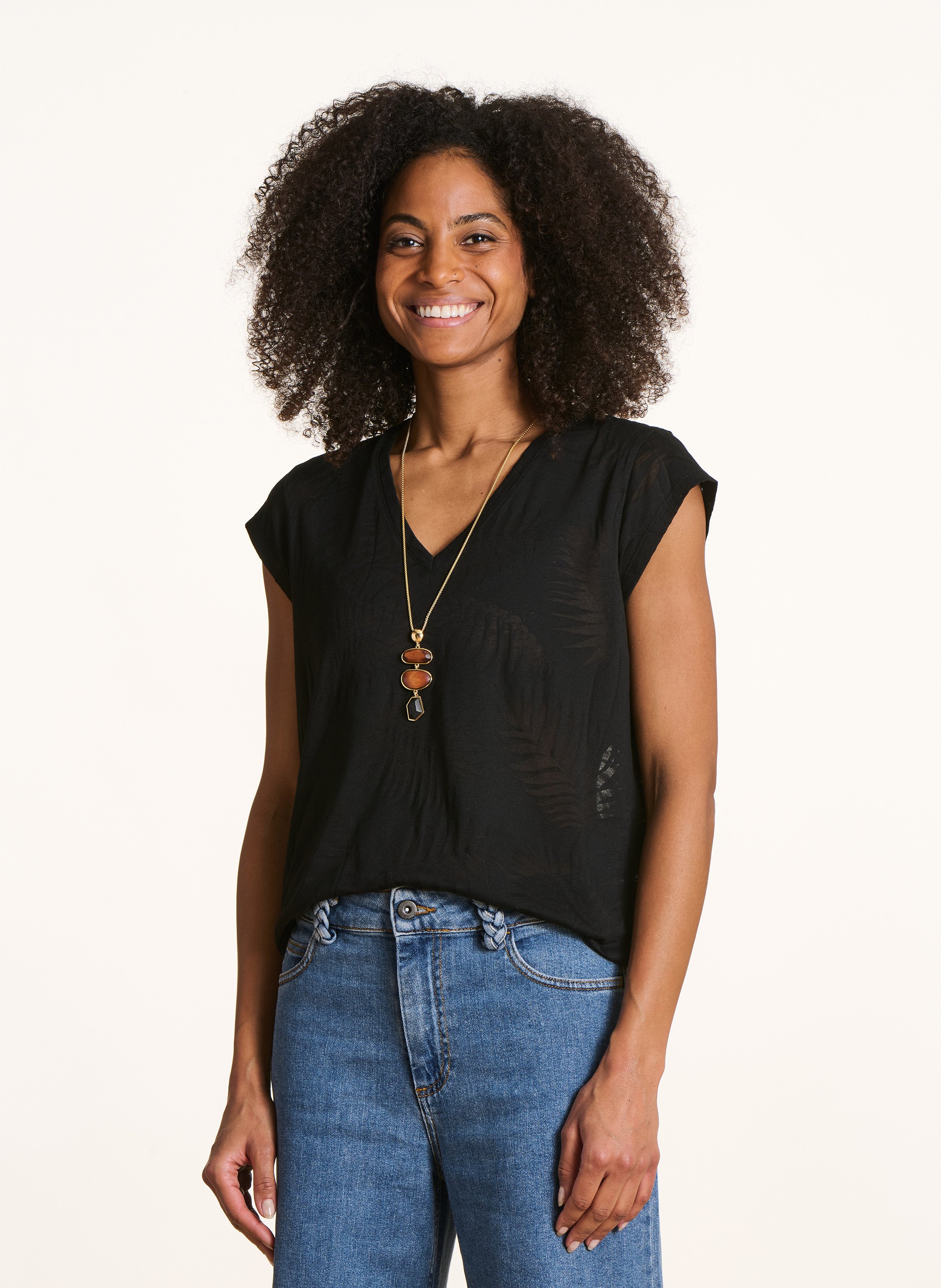 Recht T-shirt met V-hals | katoenblend LA FEE MARABOUTEE Zwart