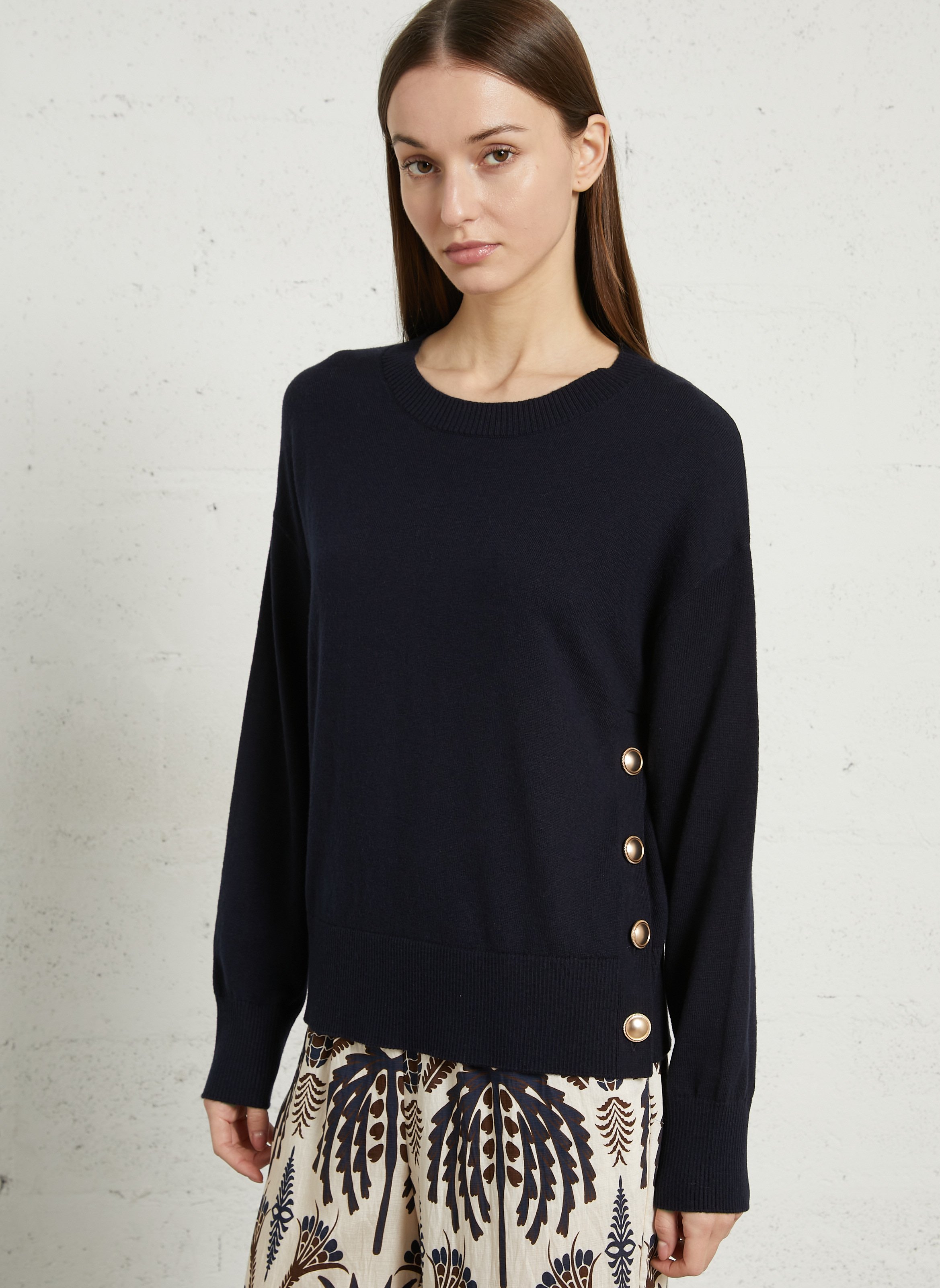 Pull droit col rond en coton et laine SUD EXPRESS Bleu