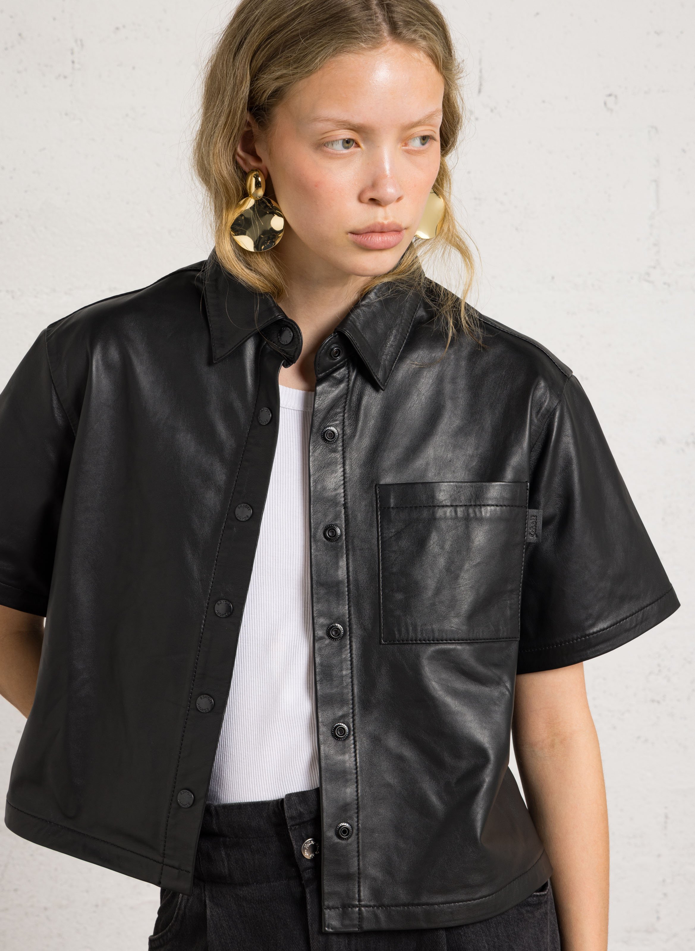 Kurzarm-Lederhemd SCHOTT Schwarz