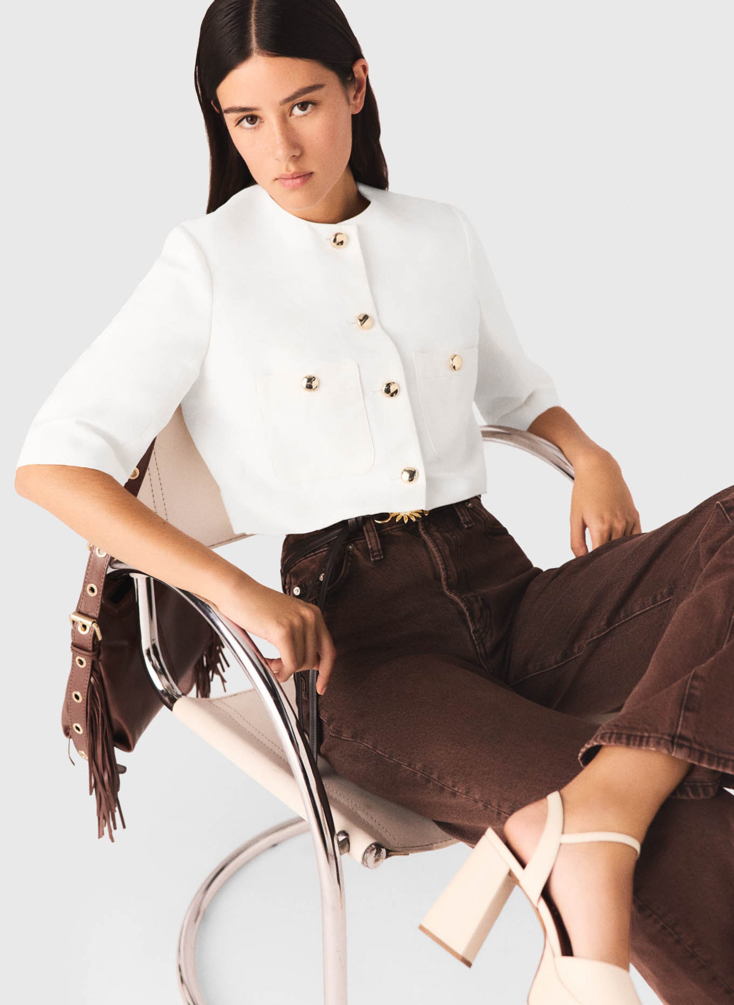 Short buttoned linen blend blazer MAJE White