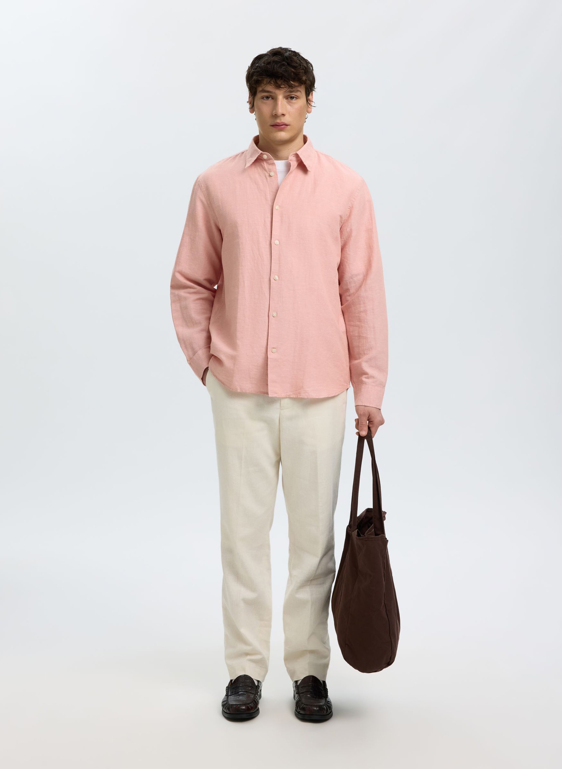 Straight shirt with classic collar in linen and cotton SELECTED Pink