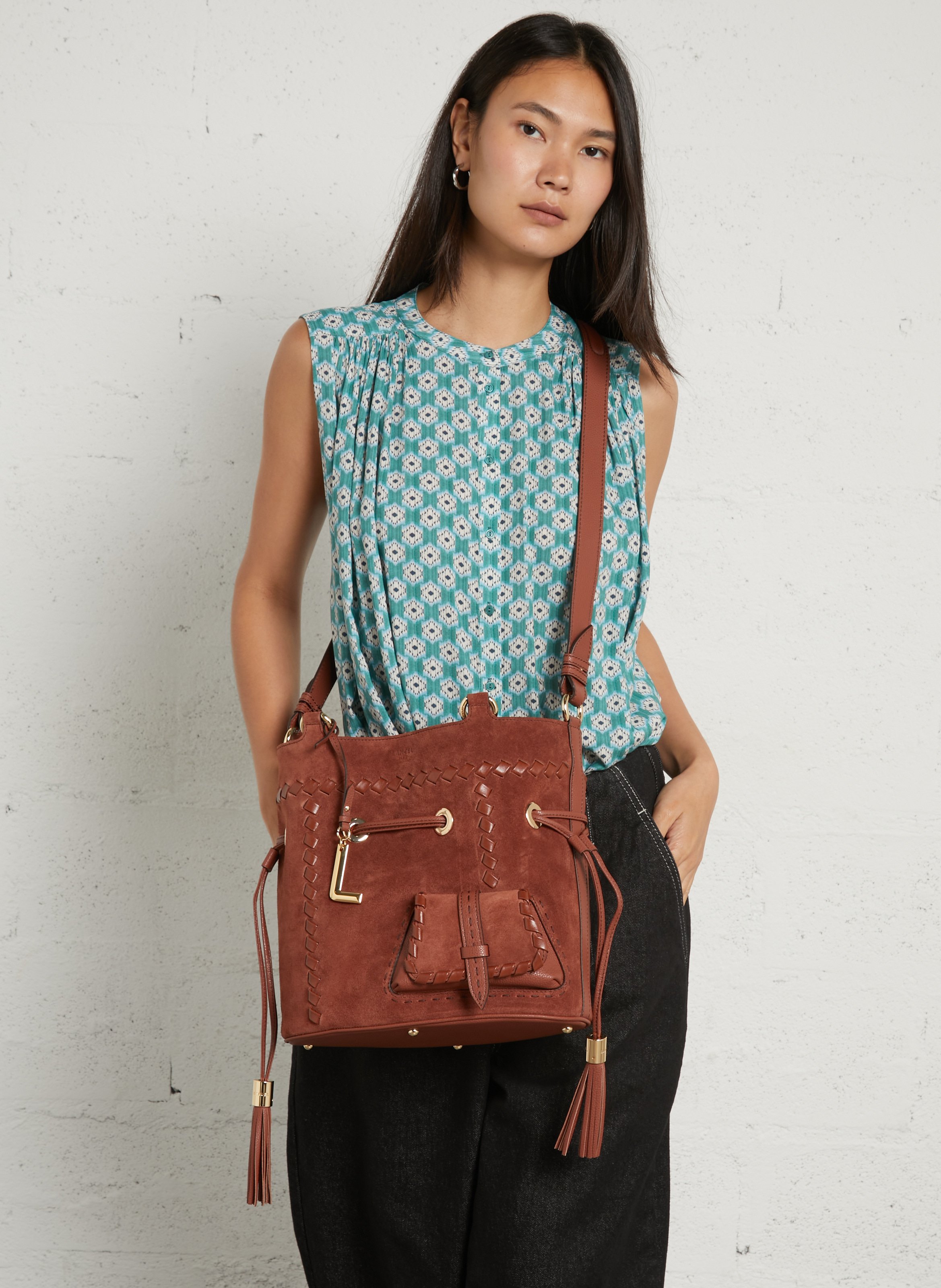 Sac seau en cuir velours LANCEL Orange