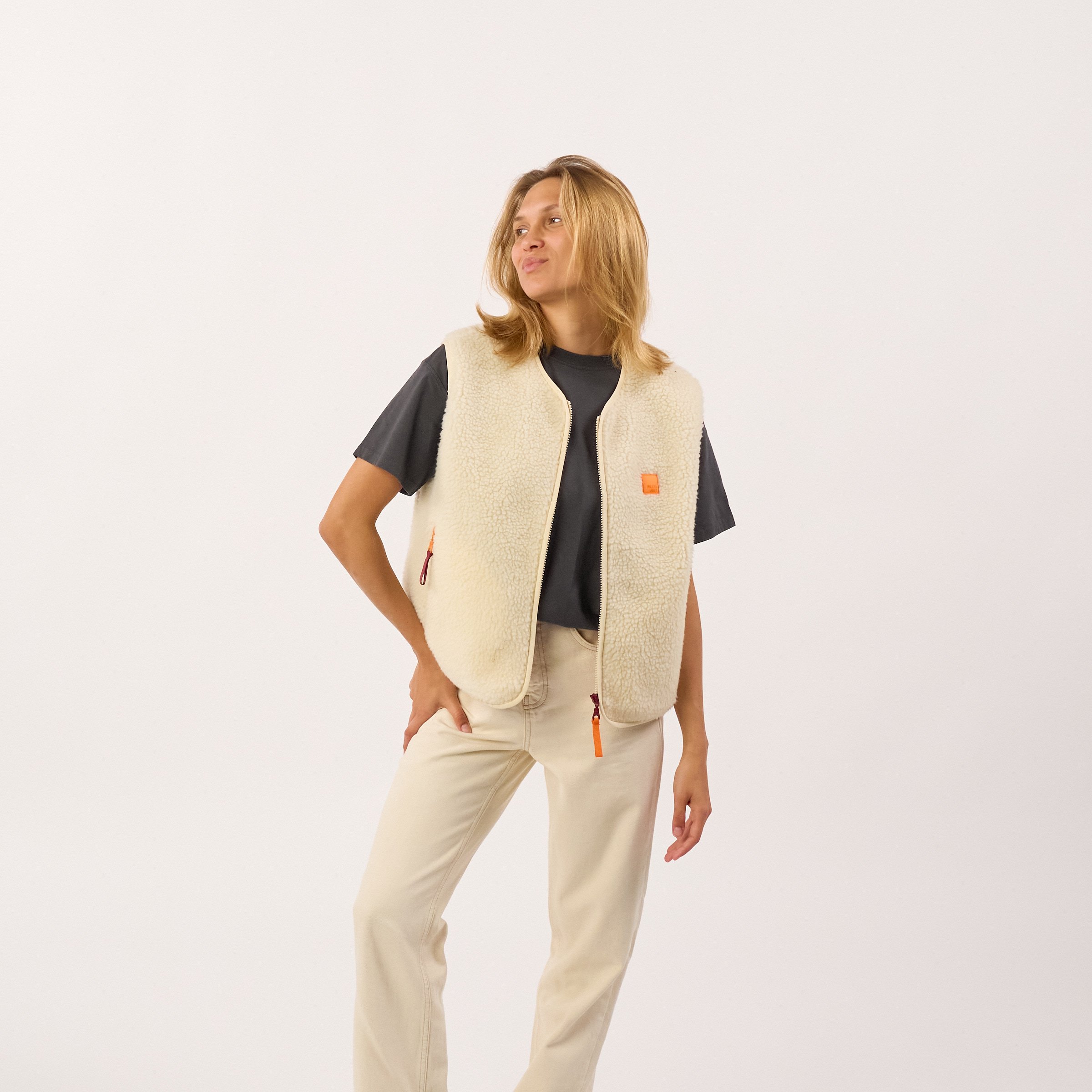 Sleeveless Sherpa Zip-Up Vest BILLYBELT Beige