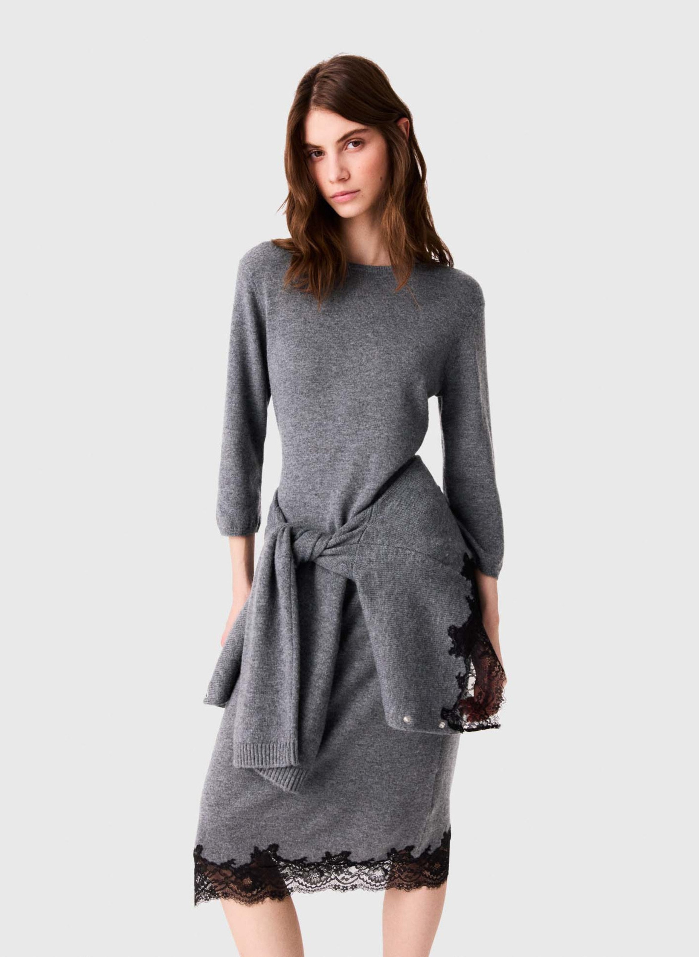 Robe midi droite en laine MAJE Gris
