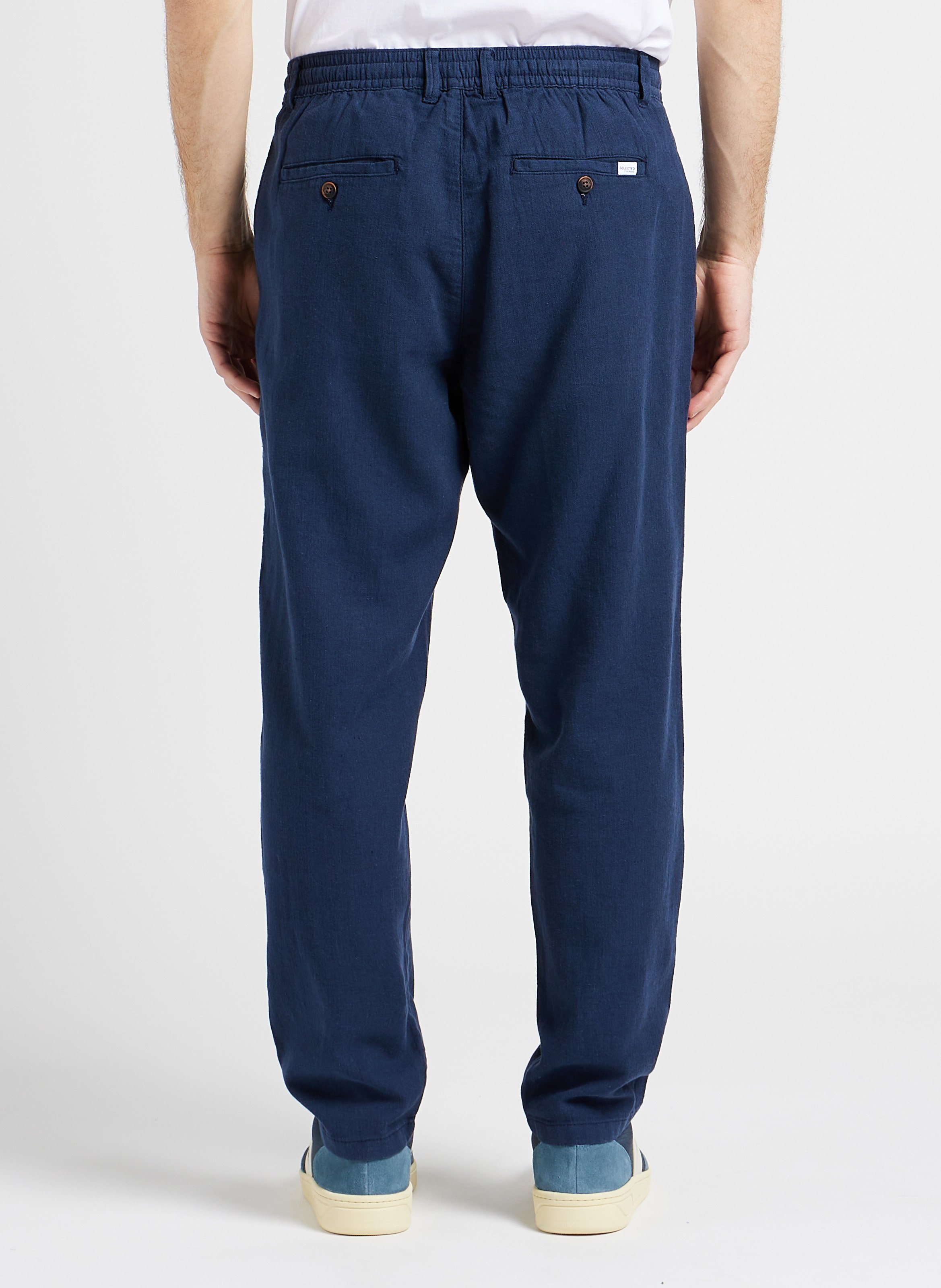 Pantalon droit en coton bio et lin stretch SELECTED Bleu