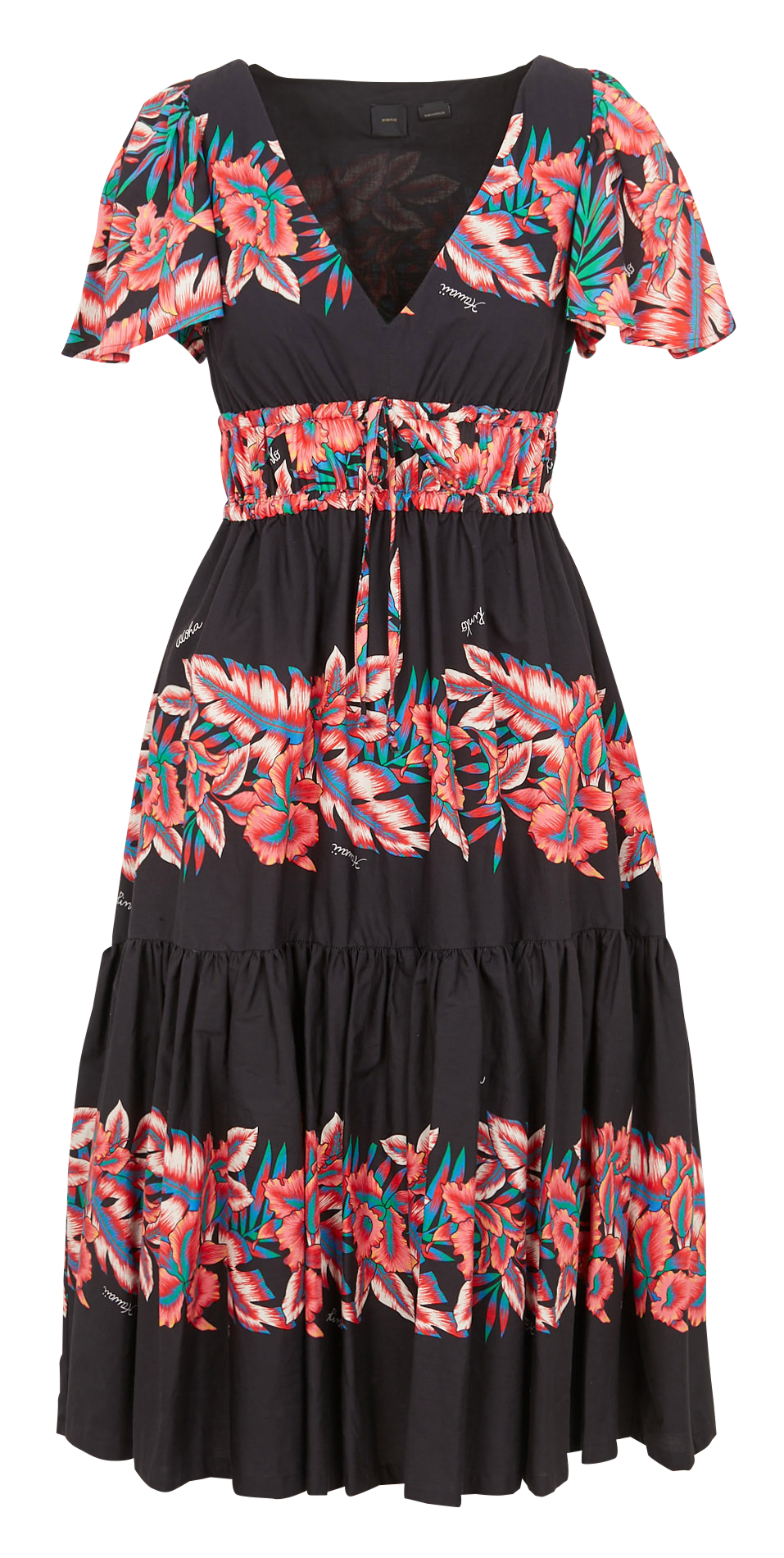 Long tropical print cotton V-neck dress PINKO Multicolored