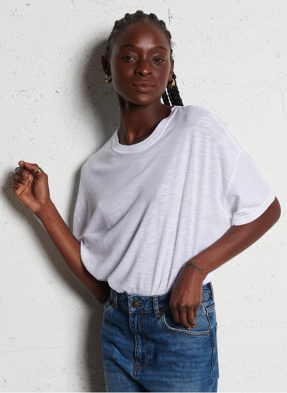 T-Shirt Maniche Lunghe Scollo Tondo Ampia In Cotone E Cashmere Bianco American Vintage - Donna | Place Des Tendances - Foto 4