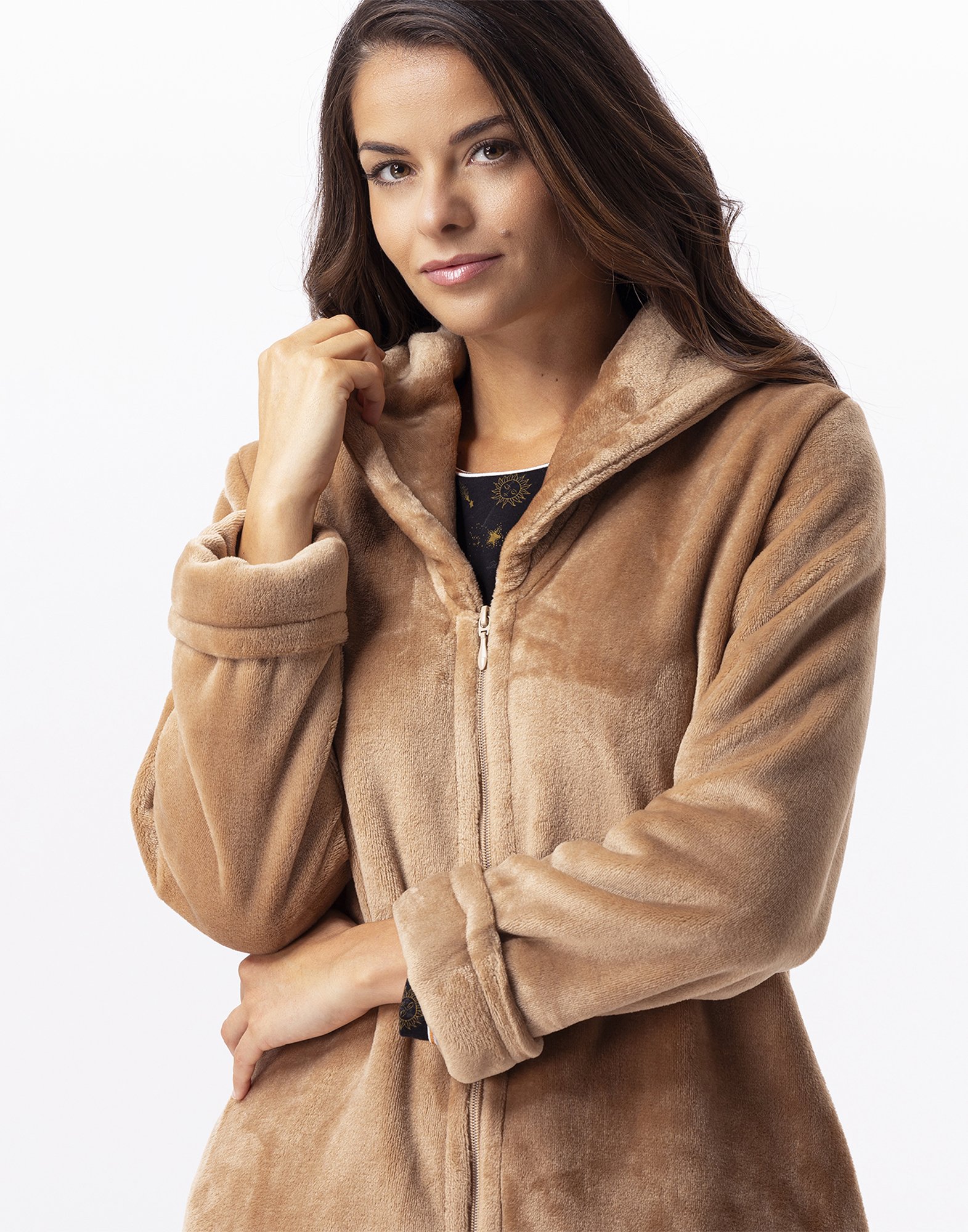 Zippered Plush Flannel Robe LE CHAT Brown