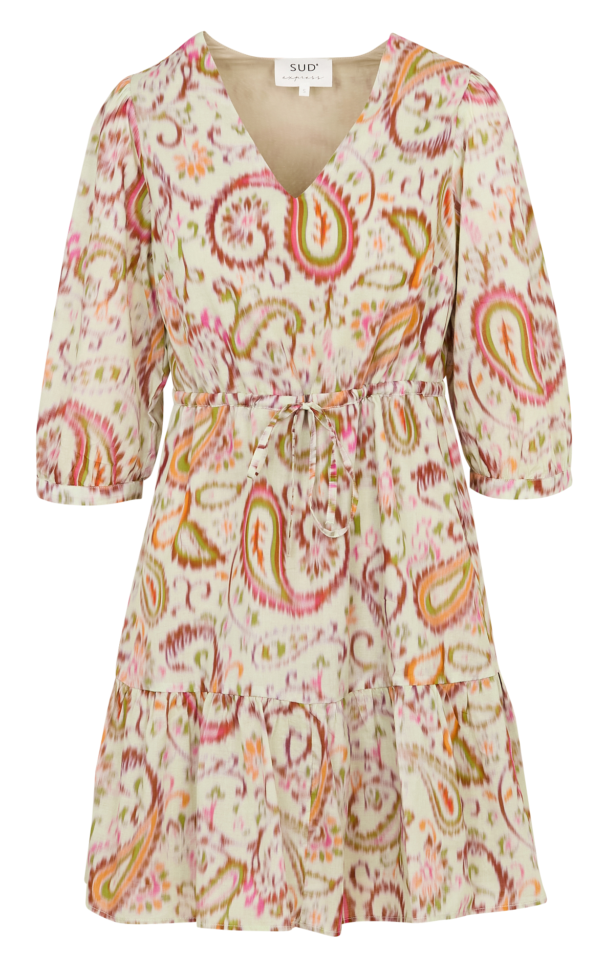 Short V-neck dress with 3/4 sleeves printed SUD EXPRESS Green
