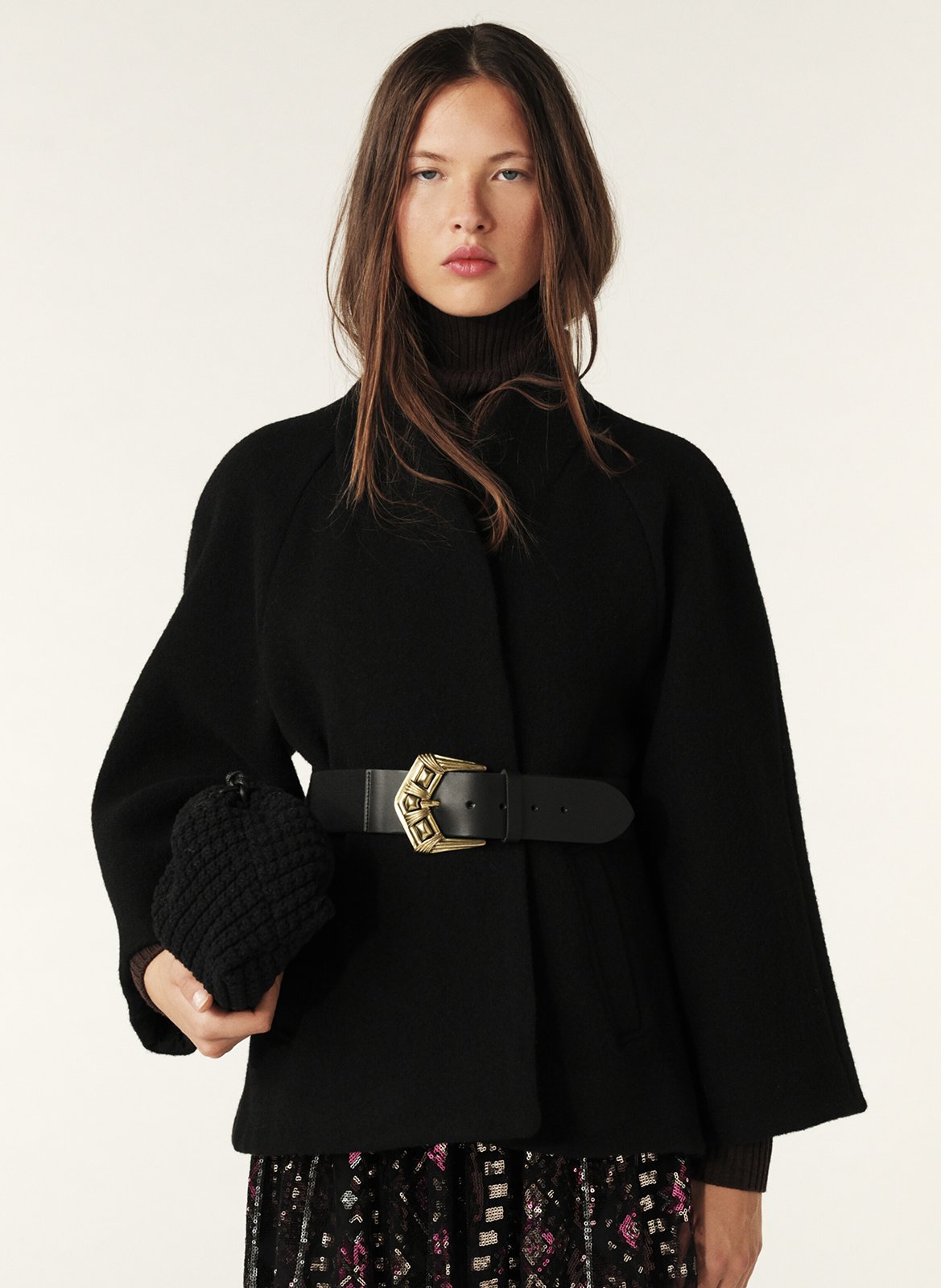 Cape droite col châle en laine BA&SH Noir