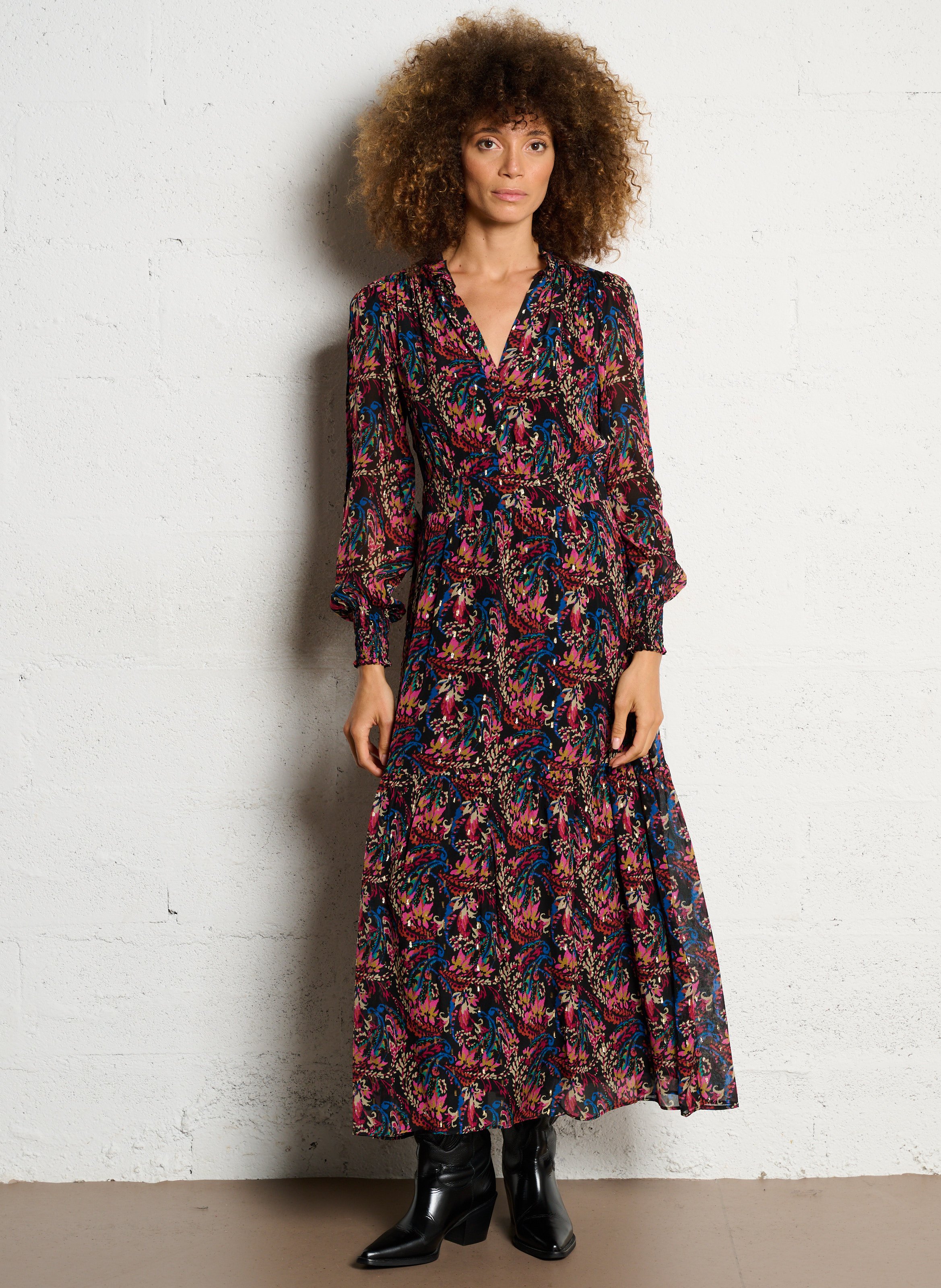 Robe longue fluide imprimée à volants BERENICE Multicolore