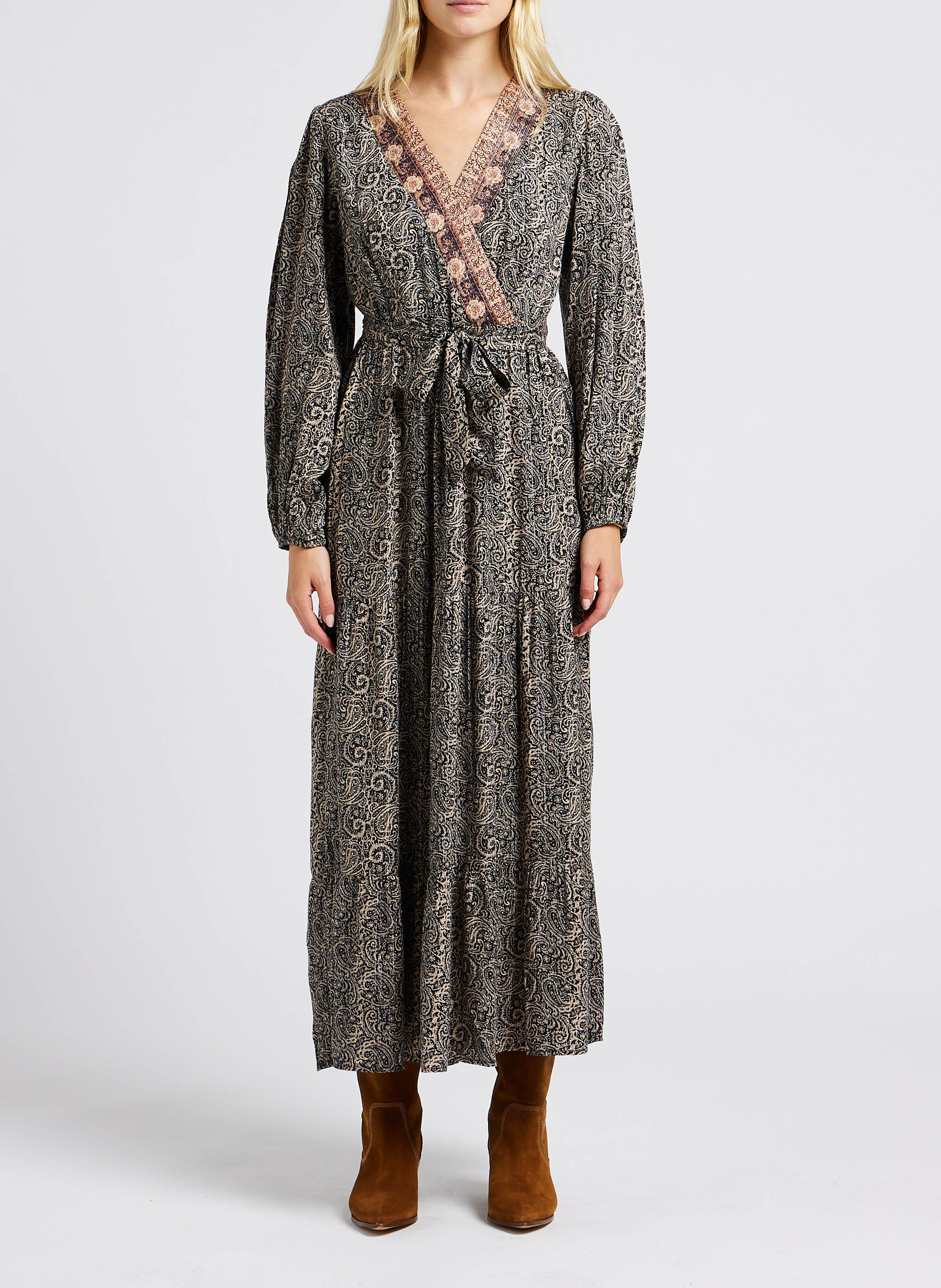 Long straight printed V-neck dress GRACE ET MILA Black