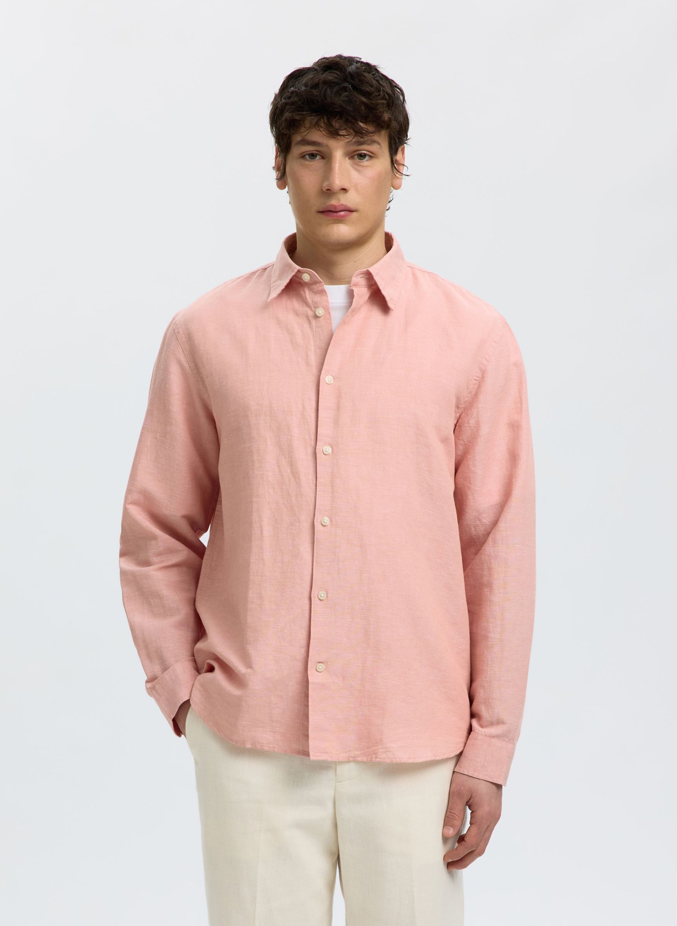 Straight shirt with classic collar in linen and cotton SELECTED Pink