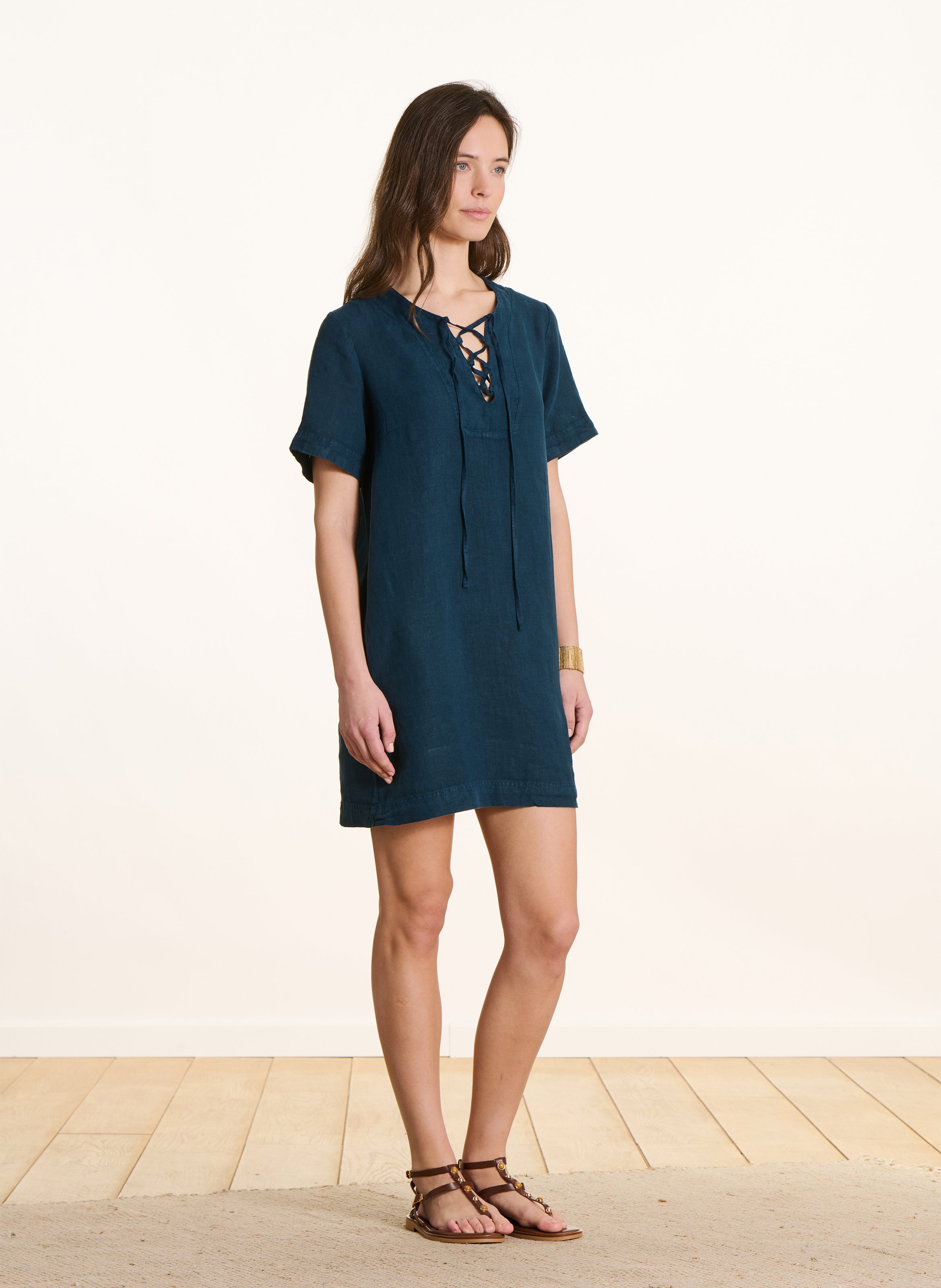 Robe courte manches courtes en lin LA FEE MARABOUTEE Bleu