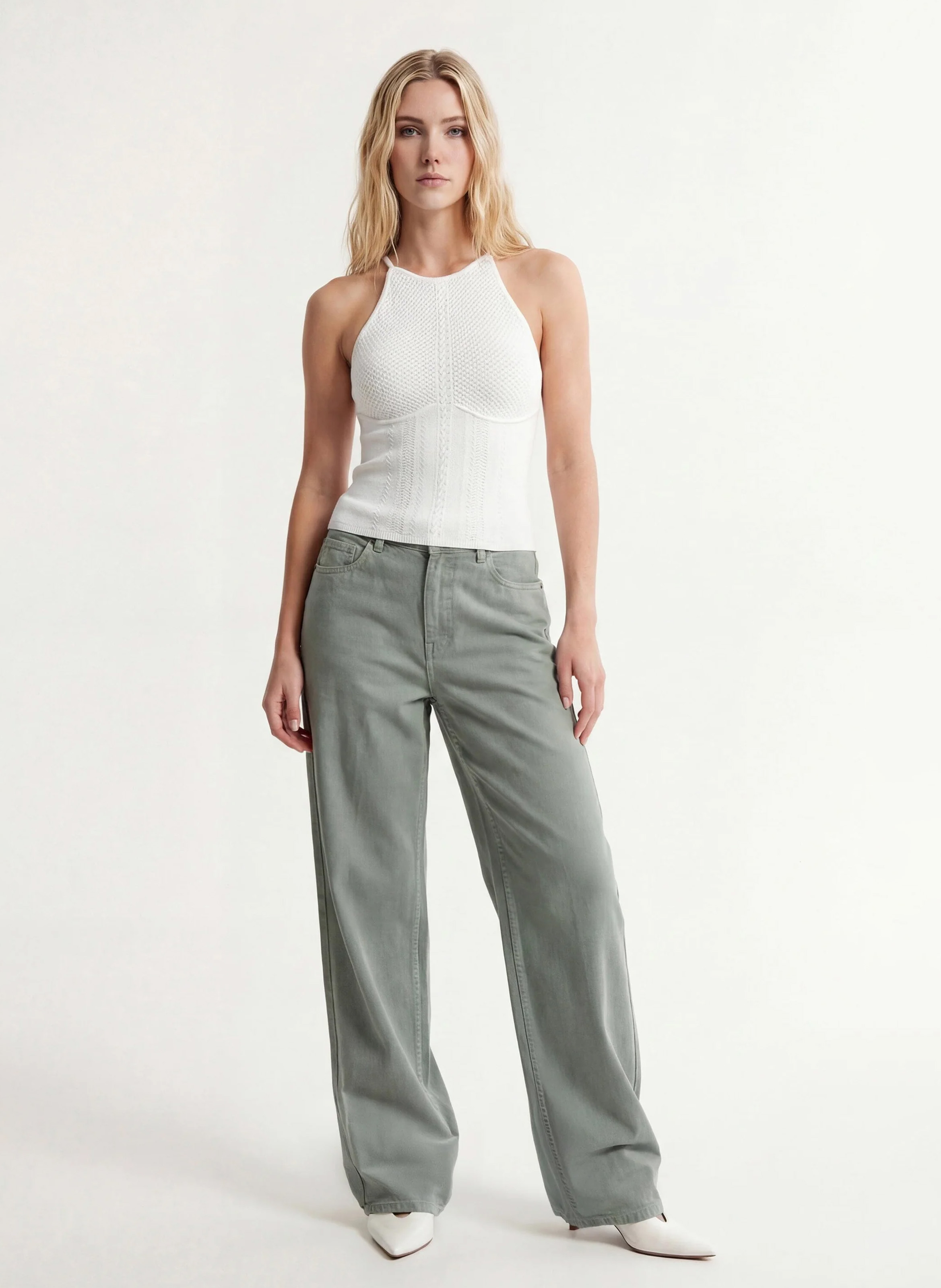 Jean large taille haute en coton mélangé KOOKAI Kaki