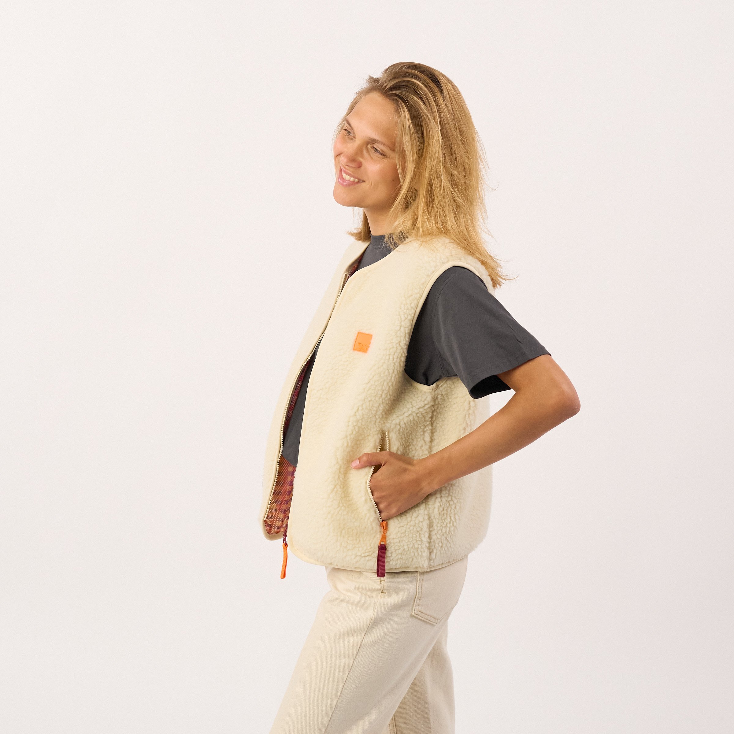 Sleeveless Sherpa Zip-Up Vest BILLYBELT Beige